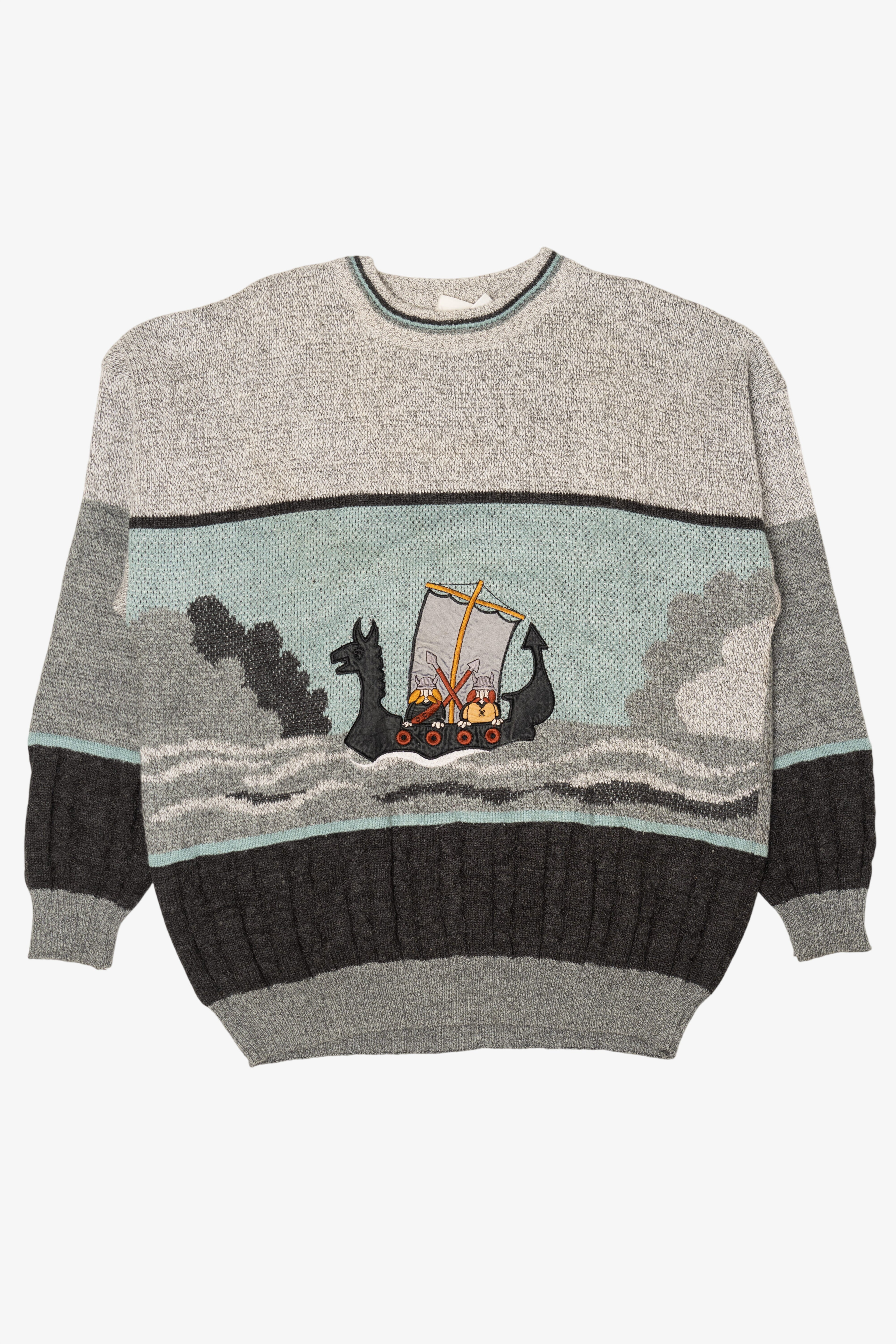 Vintage Light Gray Vikings Sailing The Sea Sweater (1990s)
