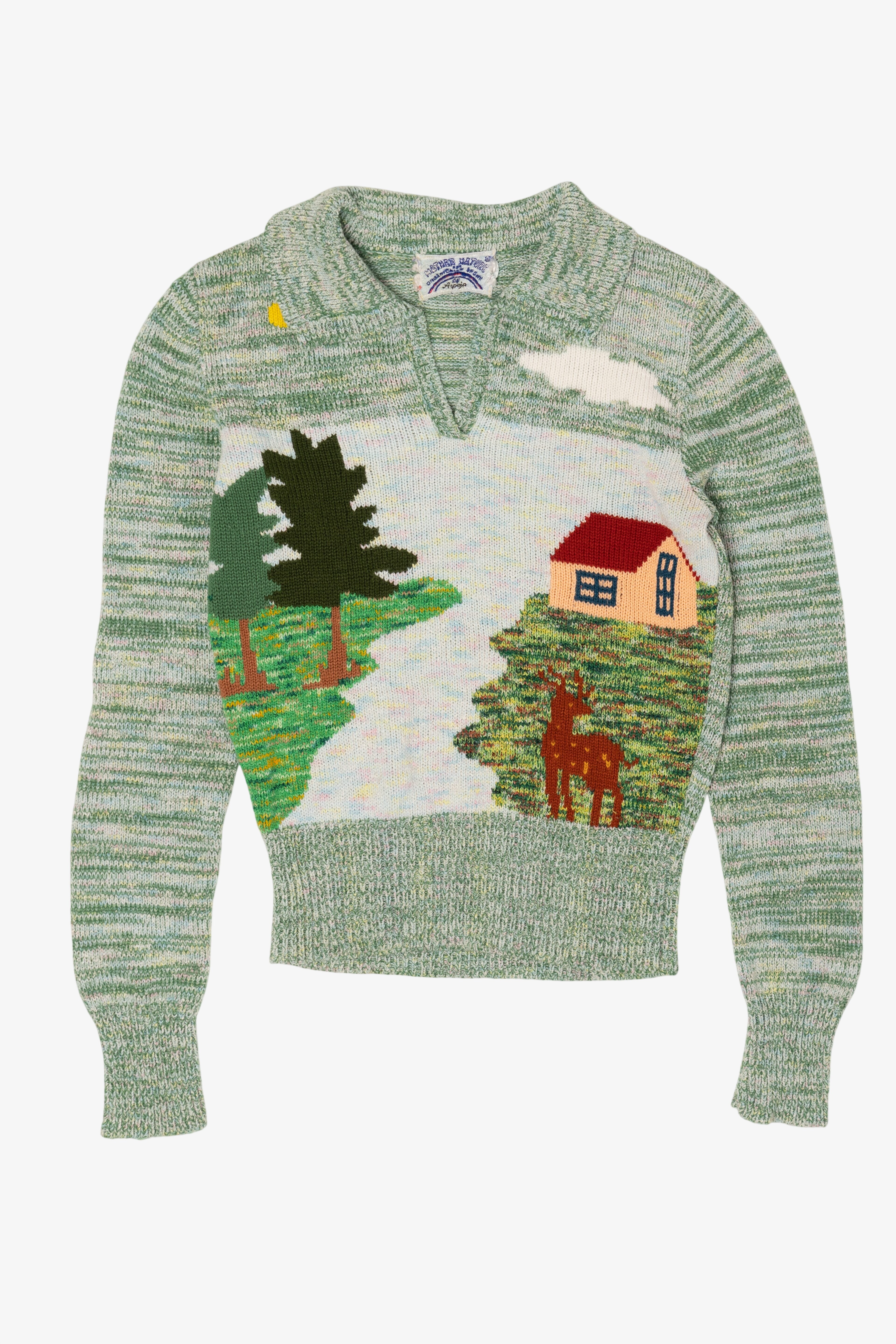 Vintage Light Green Organically Grown by Arpeja Scenic Graphic Sweater (1970s)
