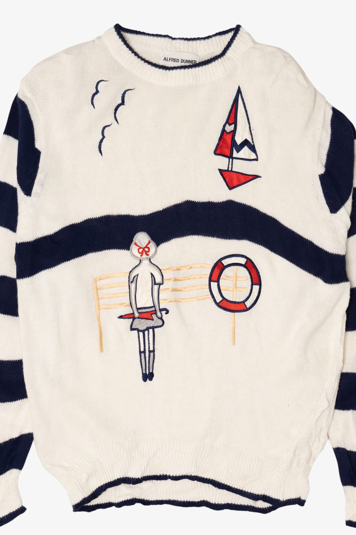 Vintage Nautical Alfred Dunner Sailboat Striped Sleeve Sweater (1980s)