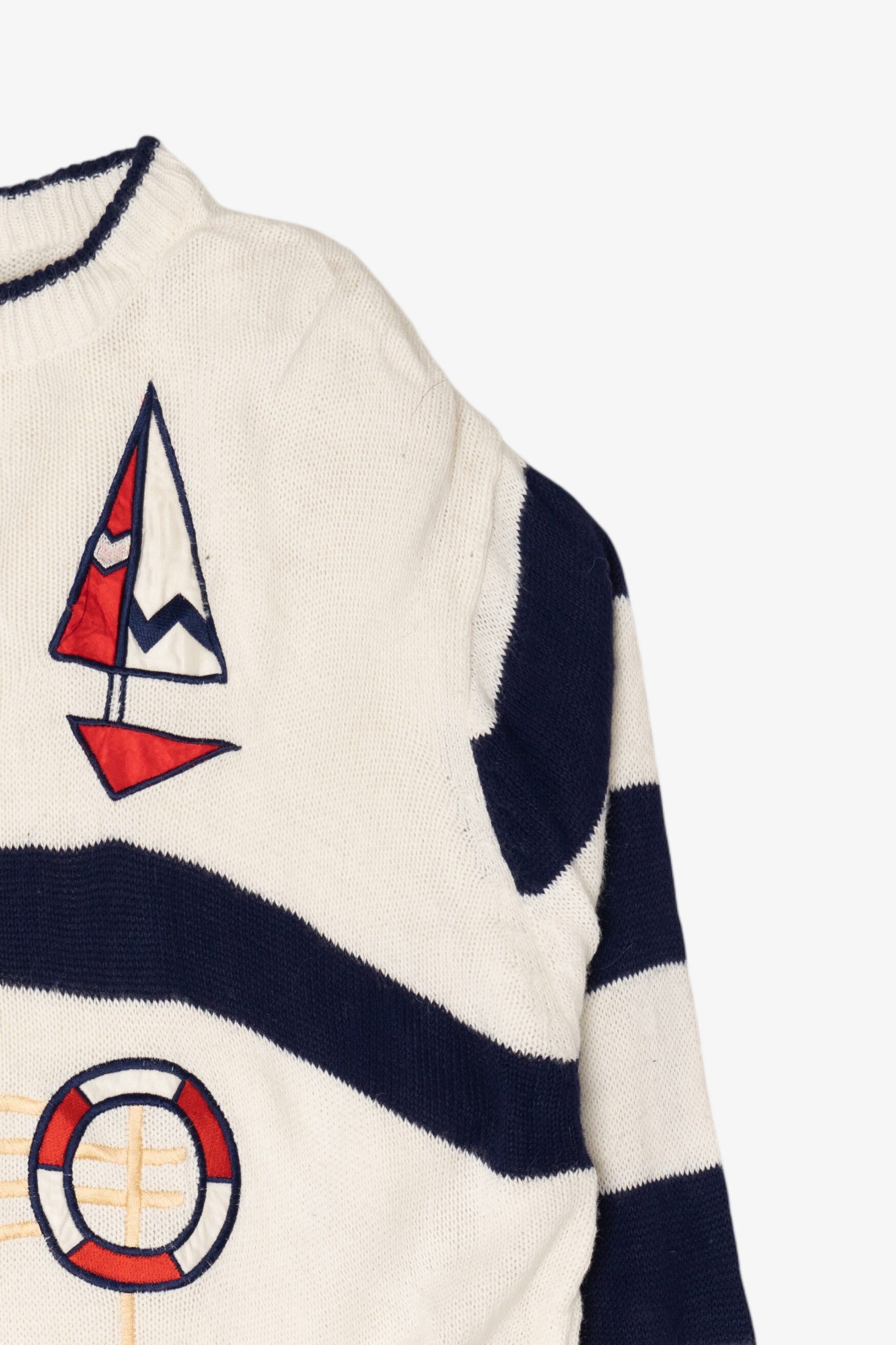 Vintage Nautical Alfred Dunner Sailboat Striped Sleeve Sweater (1980s)