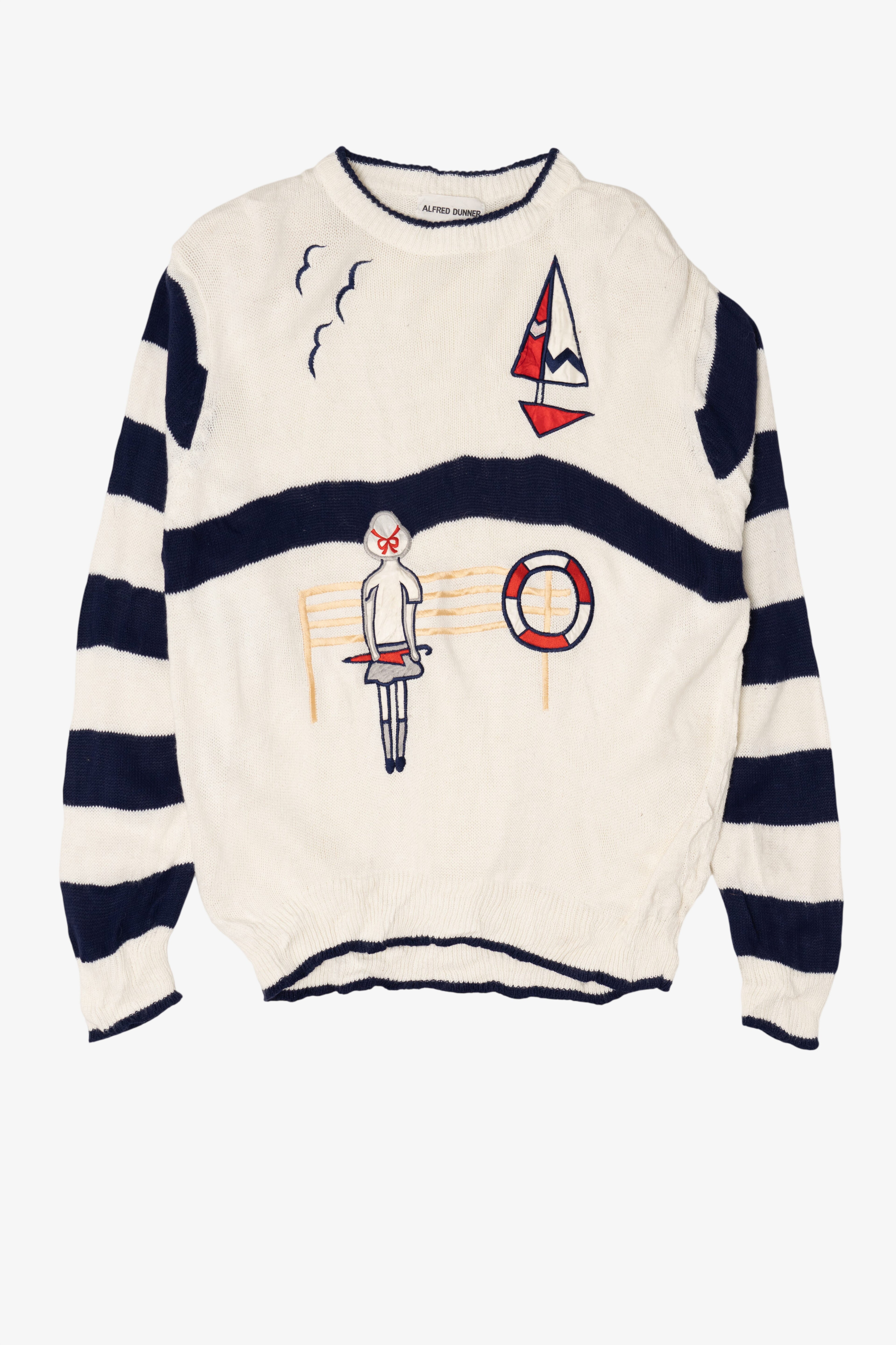 Vintage Nautical Alfred Dunner Sailboat Striped Sleeve Sweater (1980s)
