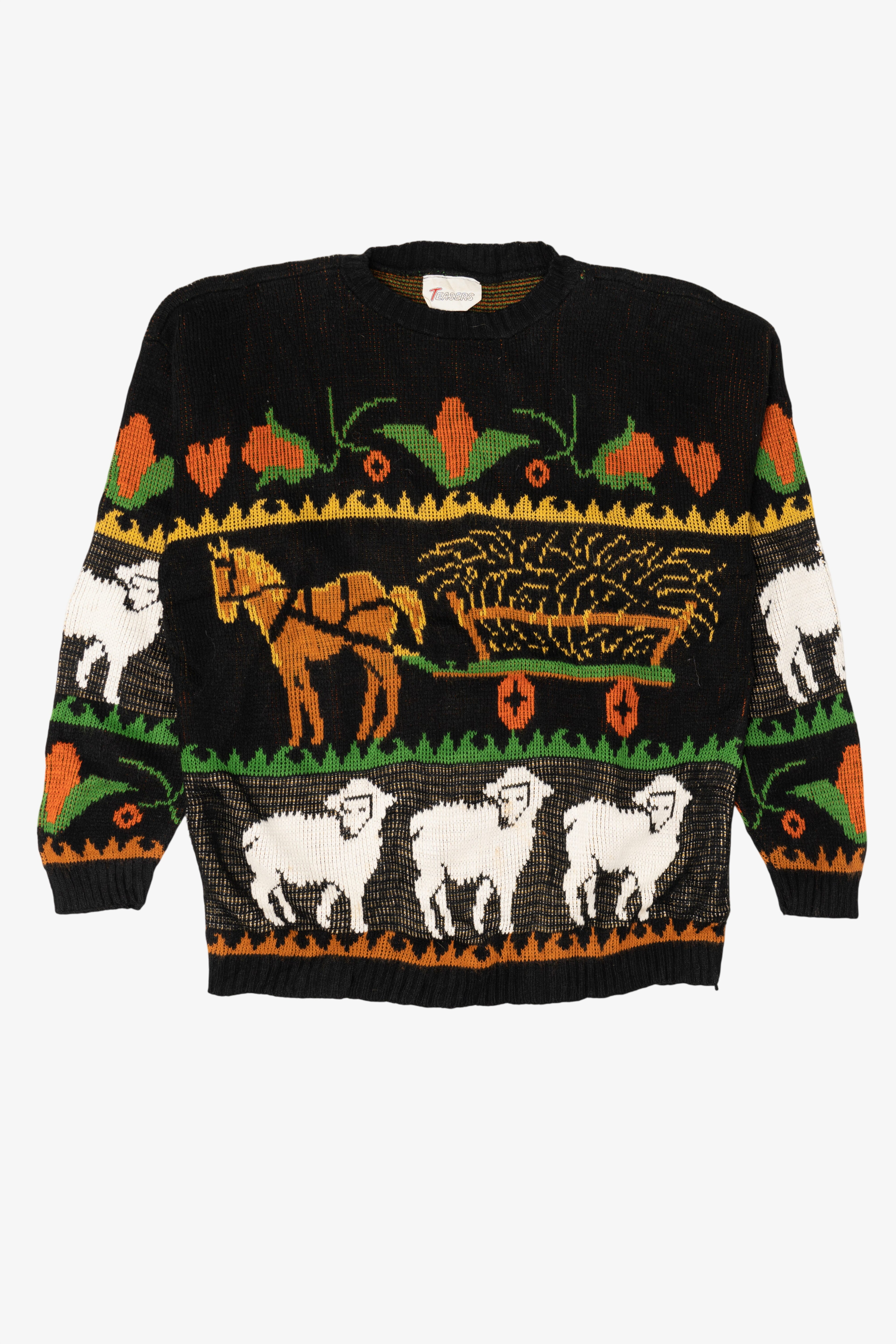 Vintage Farm Animals Motif Teasers Autumn Harvest Sweater (1990s)