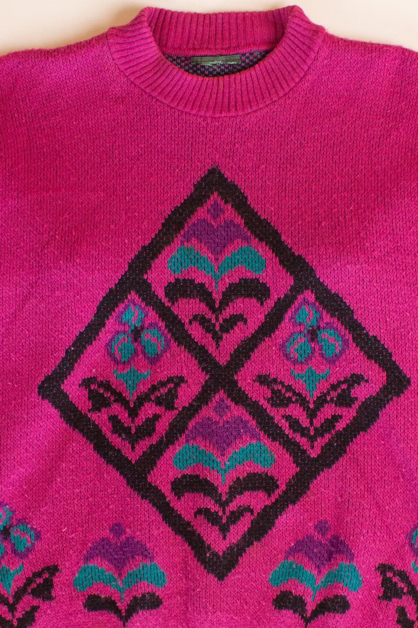 Vintage Magenta Flower Diamond Sweater (1980s)