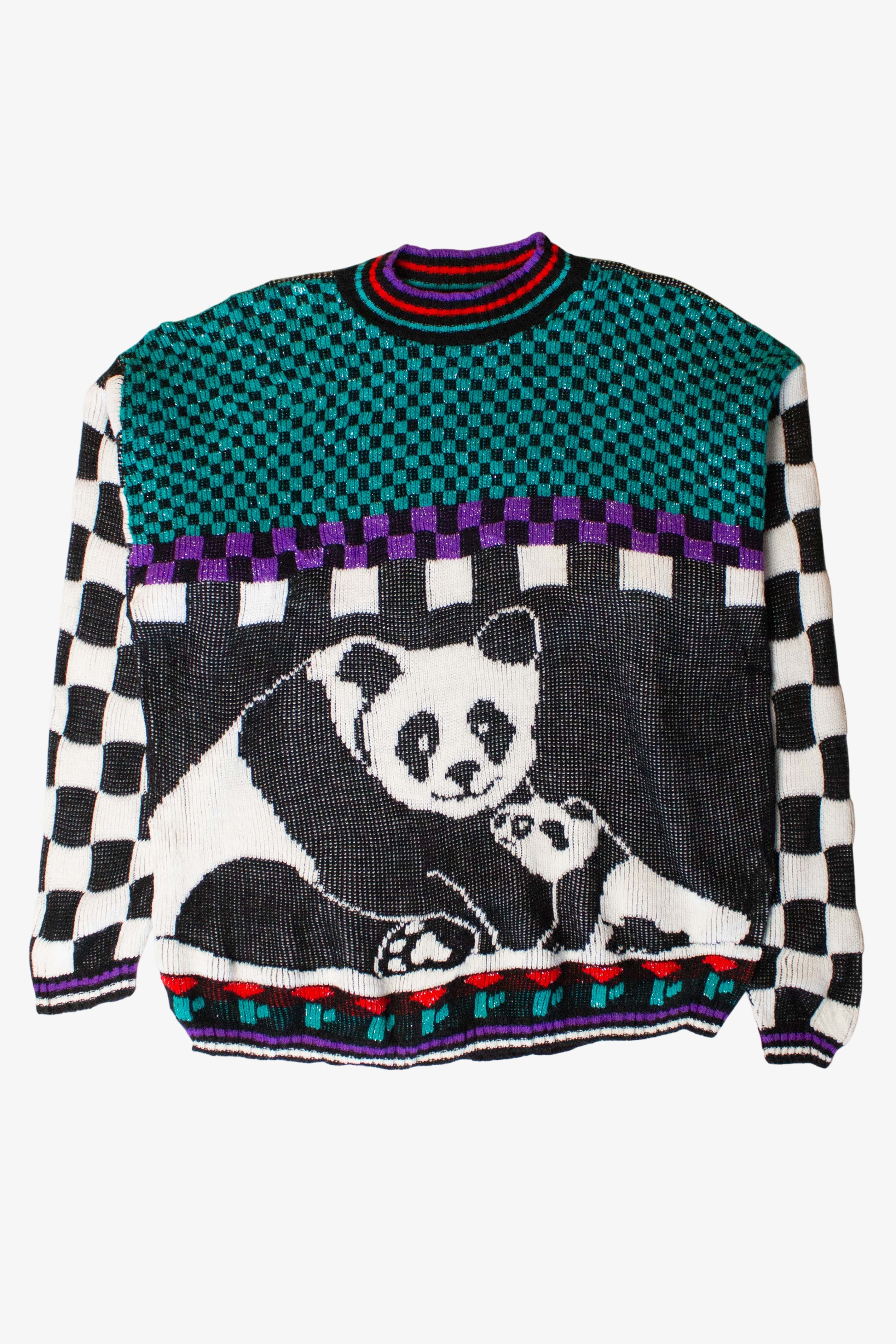 Vintage Checkerboard Pandas Graphic Sweater (1980s)