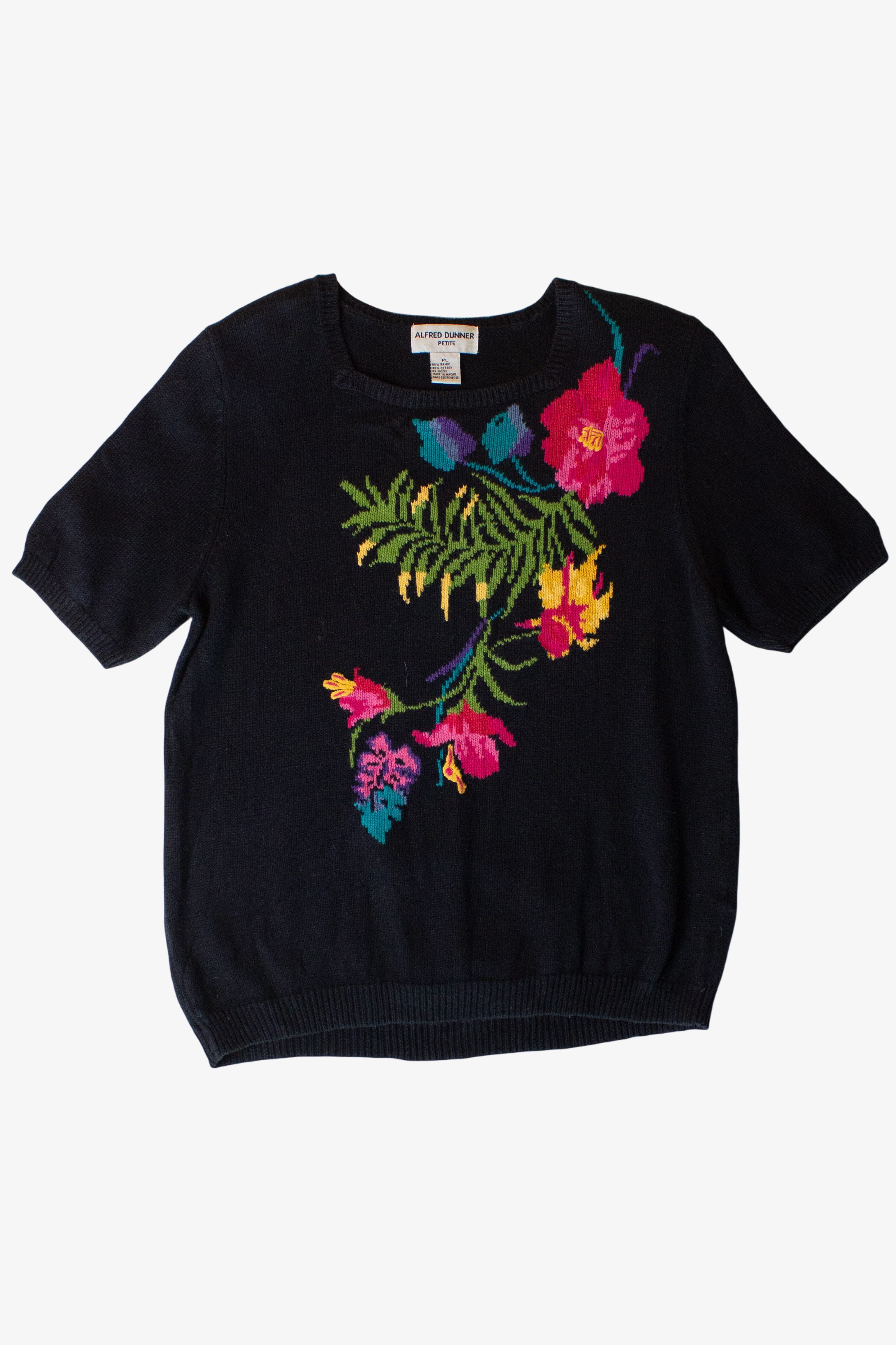 Vintage Black Floral Short Sleeve Sweater (1990s)