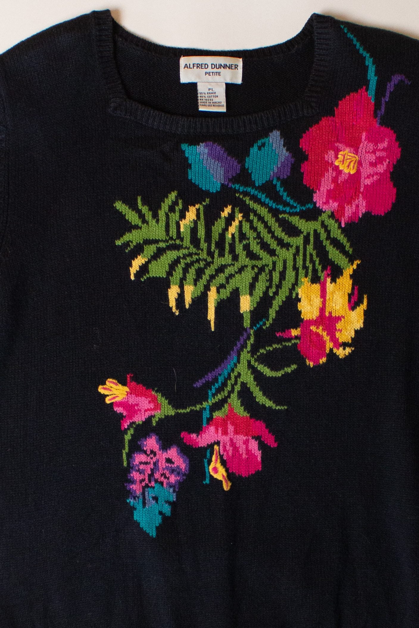 Vintage Black Floral Short Sleeve Sweater (1990s)