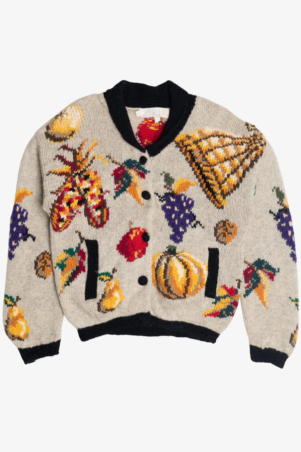 Vintage Hand Knit Vegetables And Fruit Cornucopia Eagle's Eye Cardigan Sweater (1990s)