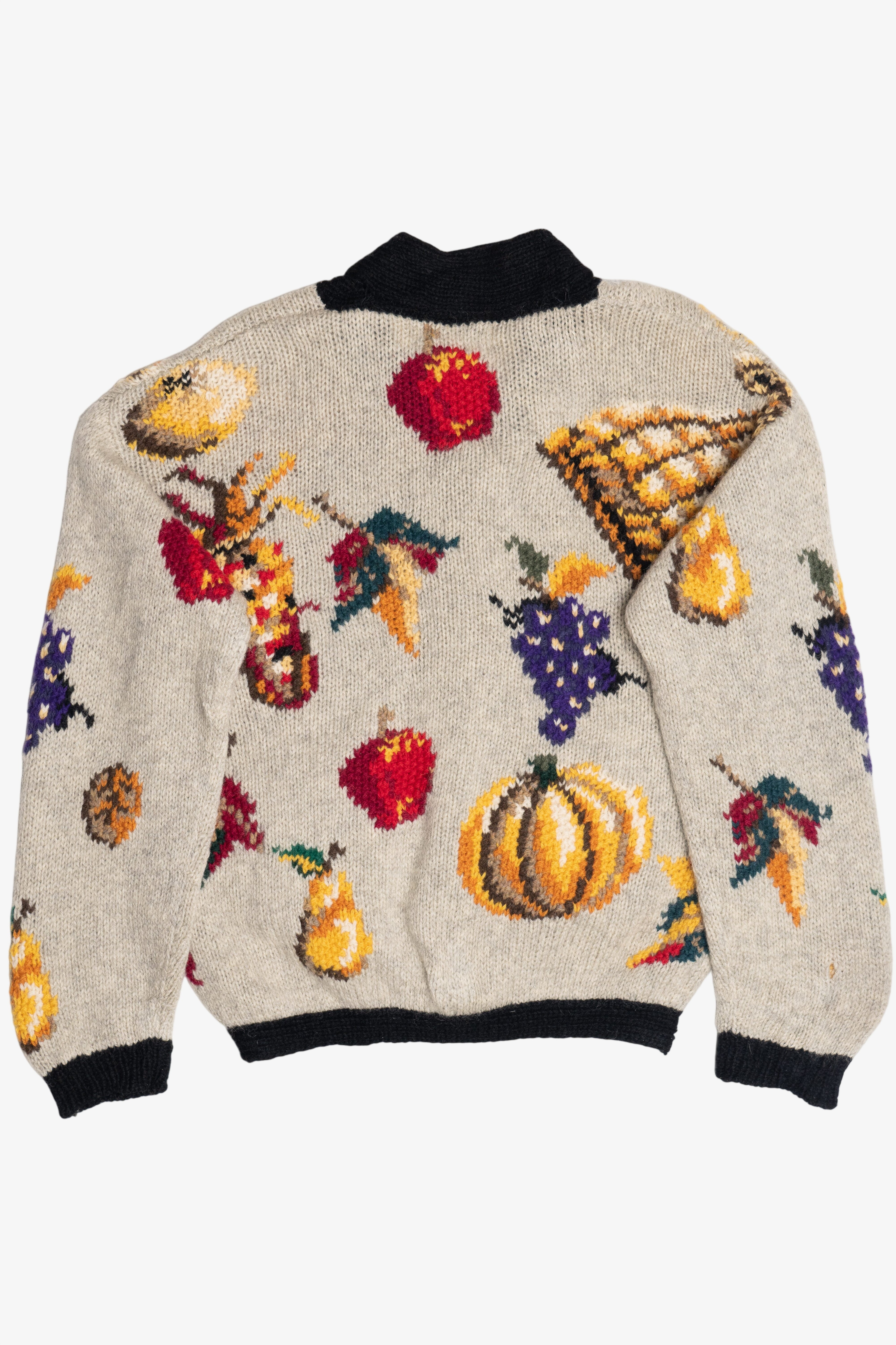 Vintage Hand Knit Vegetables And Fruit Cornucopia Eagle's Eye Cardigan Sweater (1990s)