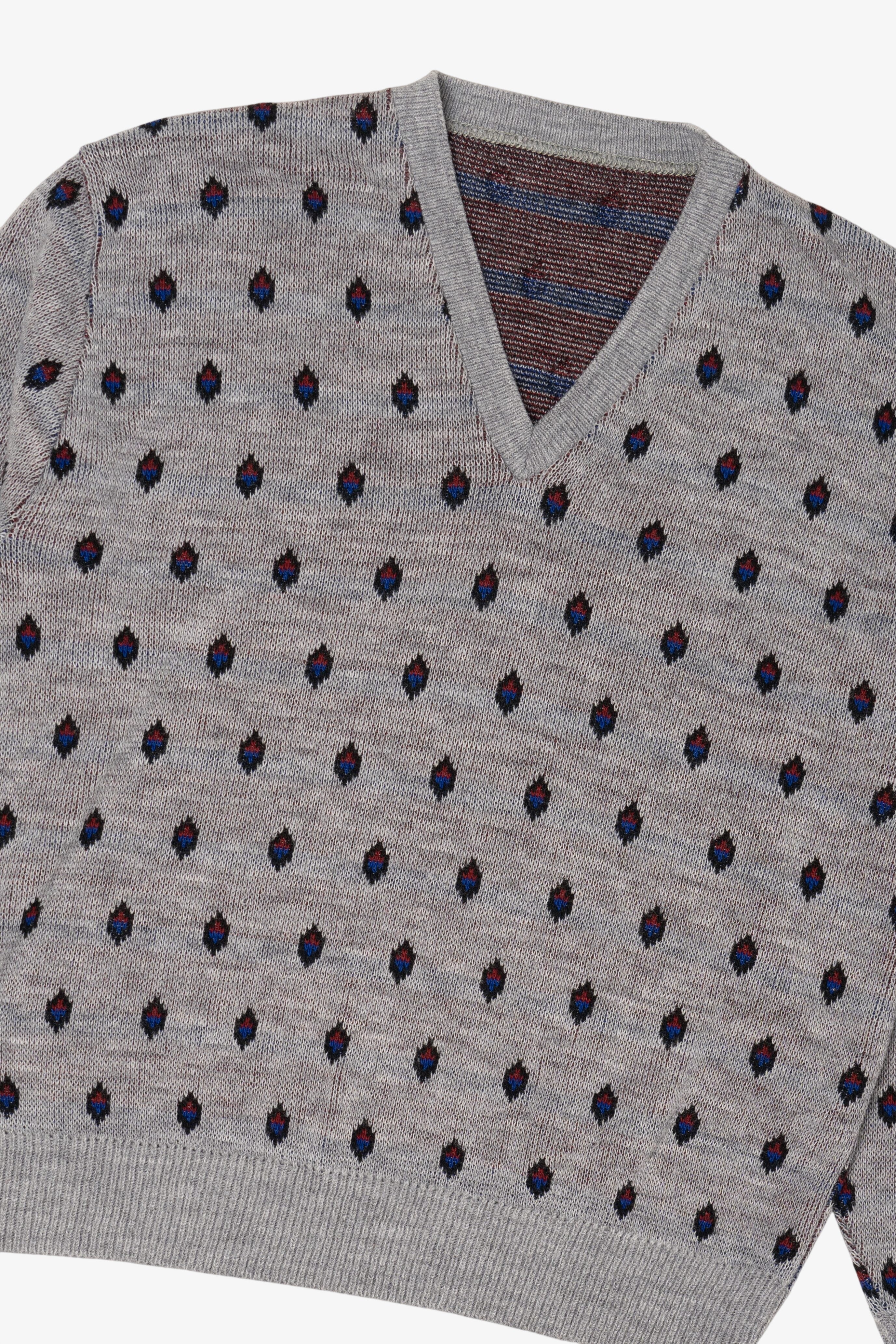 Vintage Light Gray Diamond Pattern V-Neck Sweater (1990s)