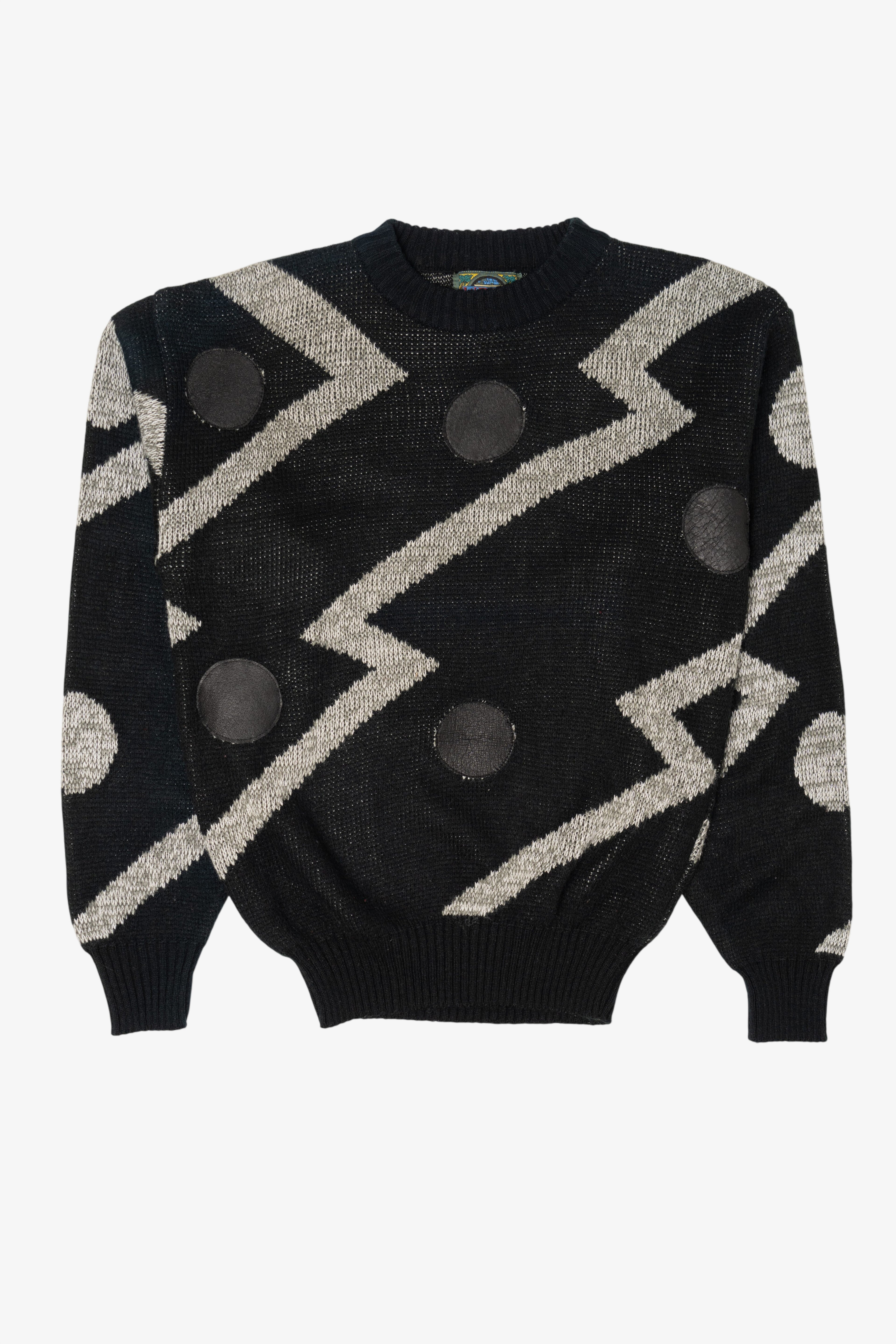 Vintage Black Weeds Geometric Graphic Leather Patches Sweater (1980s)