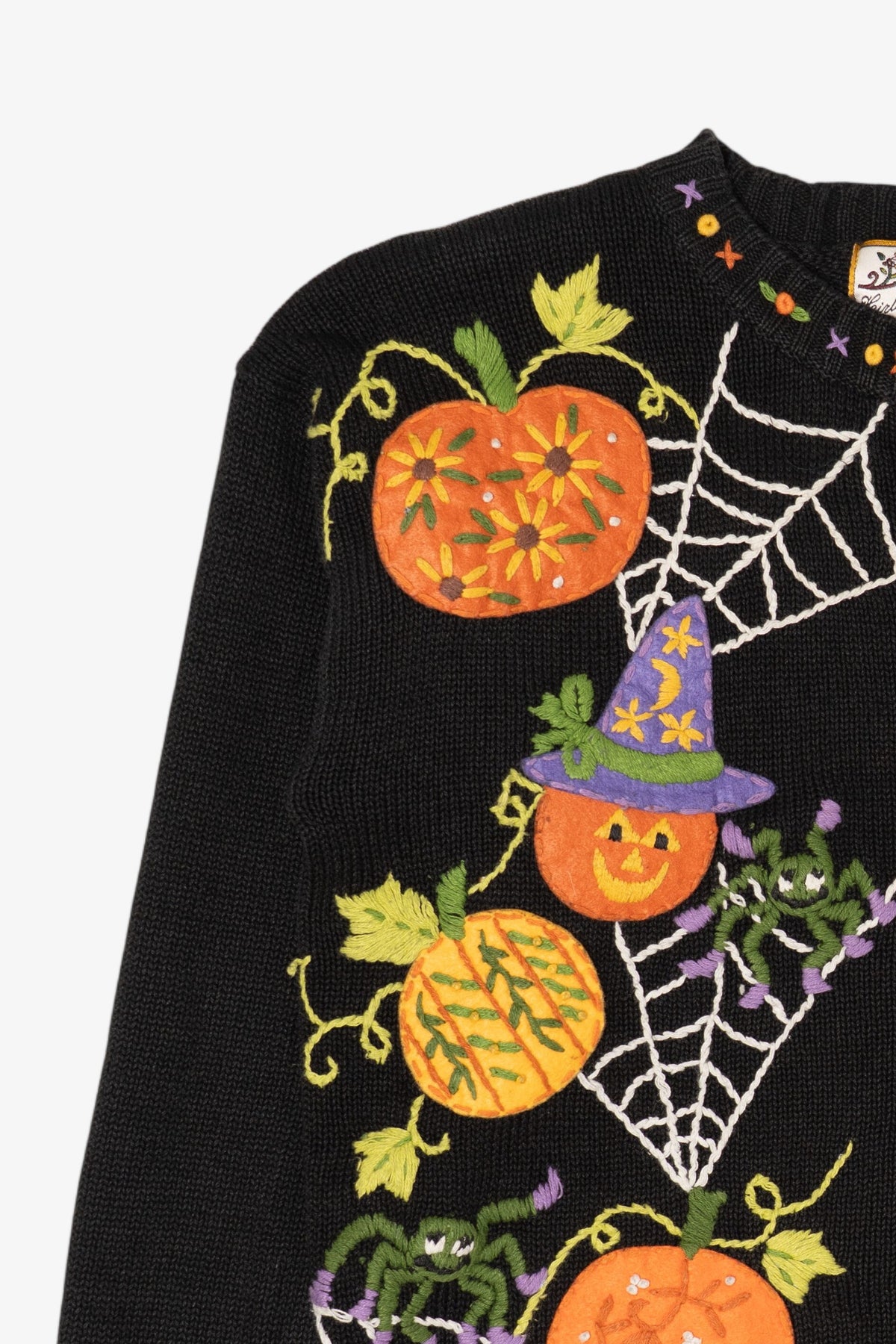 Vintage Embroidered Halloween Pumpkins And Spiders Distressed Sweater (2000s)