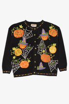 Vintage Embroidered Halloween Pumpkins And Spiders Distressed Sweater (2000s)