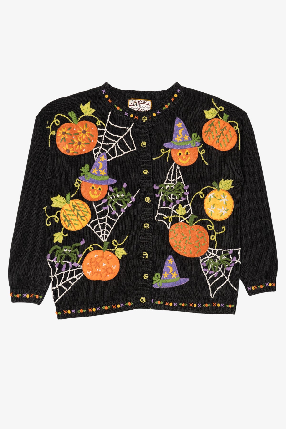 Vintage Embroidered Halloween Pumpkins And Spiders Distressed Sweater (2000s)