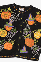 Vintage Embroidered Halloween Pumpkins And Spiders Distressed Sweater (2000s)