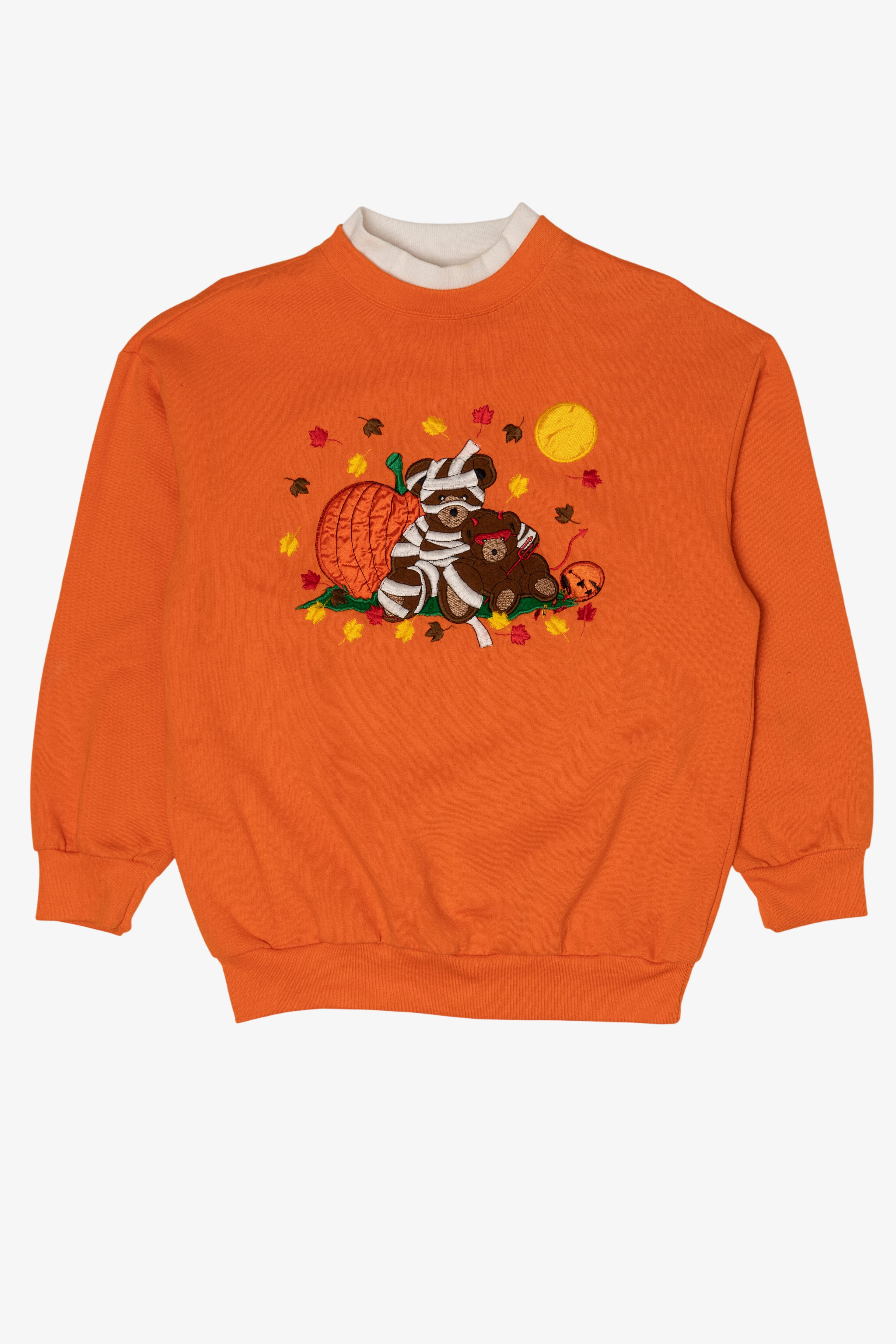 Vintage Orange Embroidered Teddy Bears Halloween Sweatshirt (1990s)