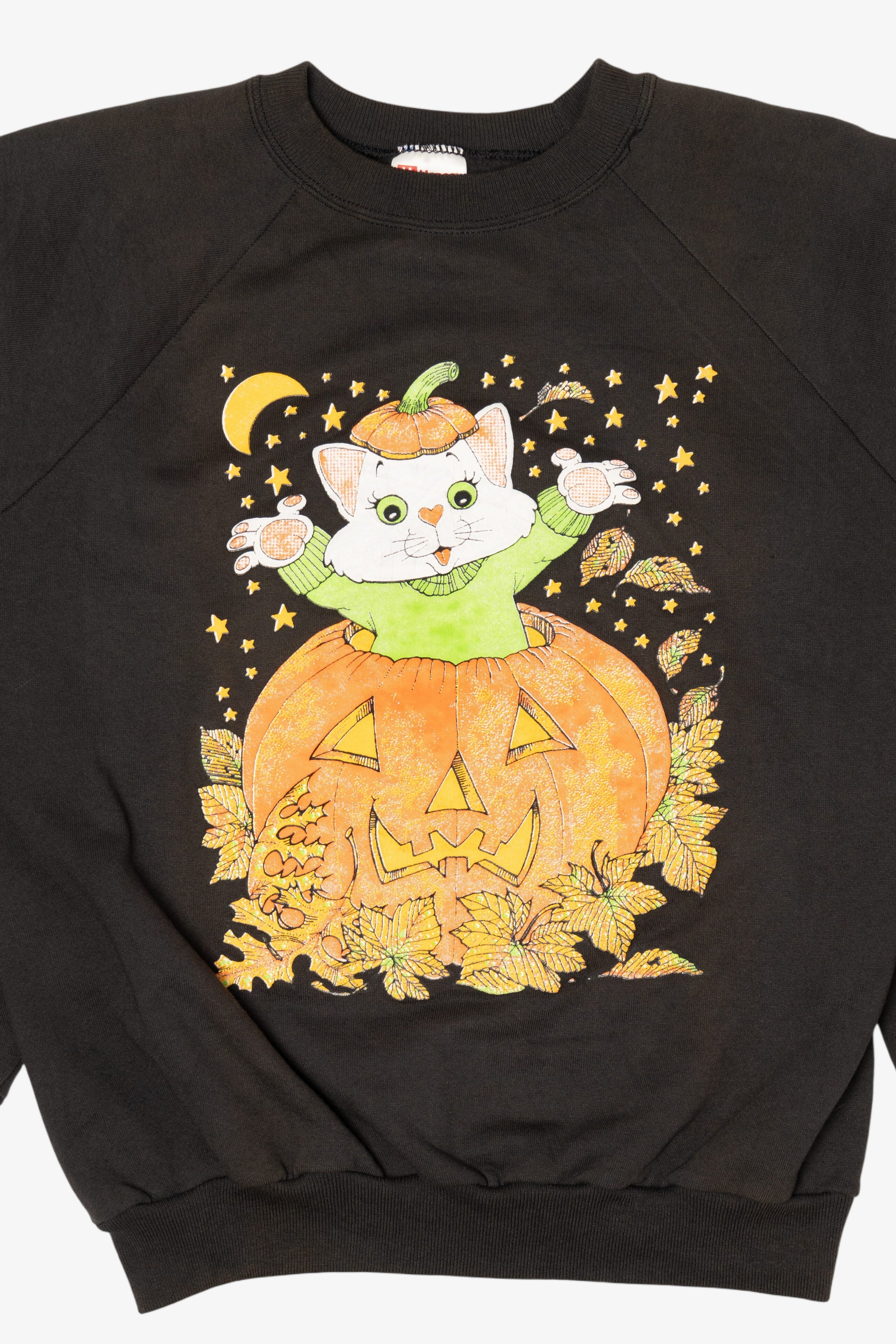 Vintage Cat In Jack O Lantern Halloween Raglan Sweatshirt (1990s)