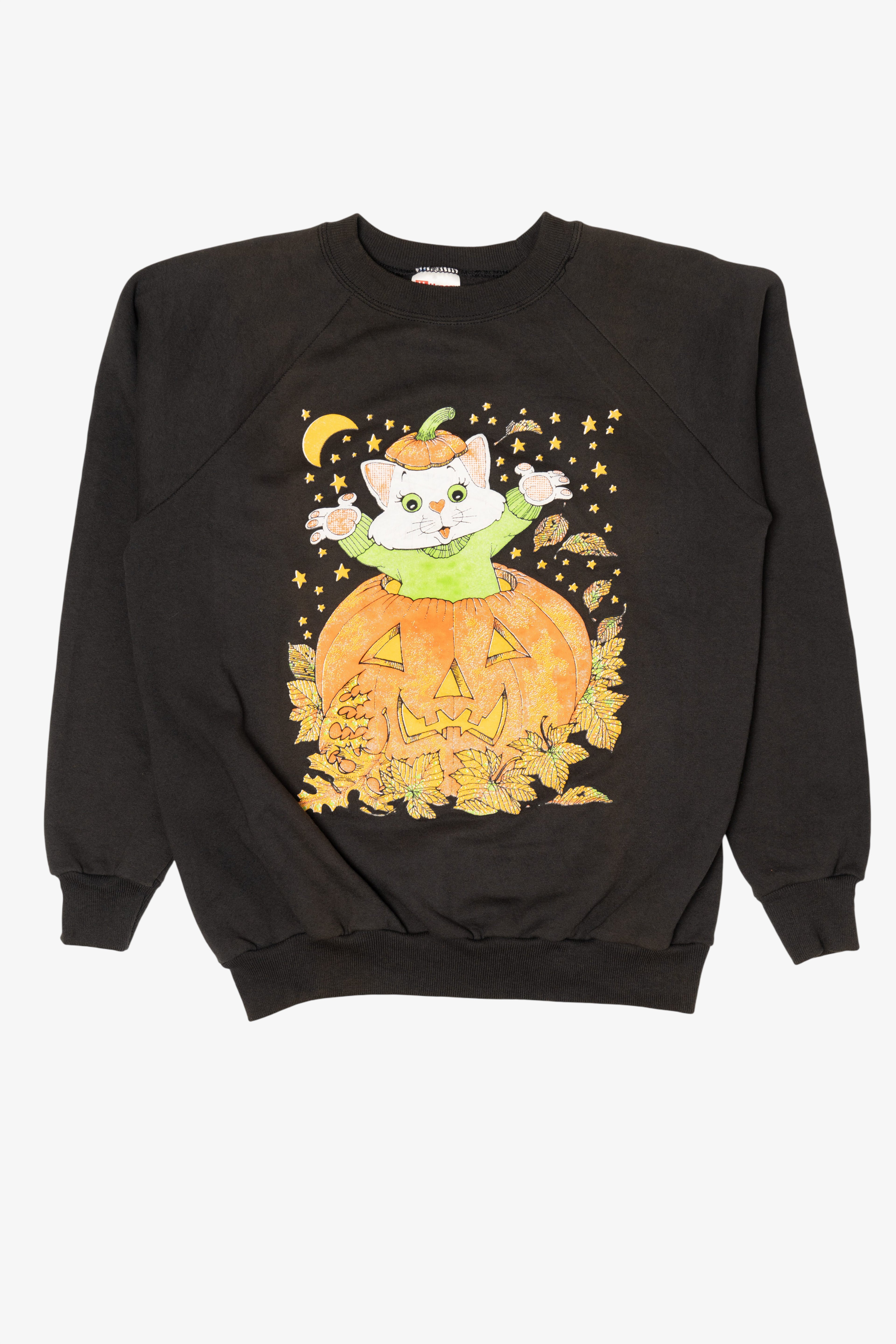 Vintage Cat In Jack O Lantern Halloween Raglan Sweatshirt (1990s)
