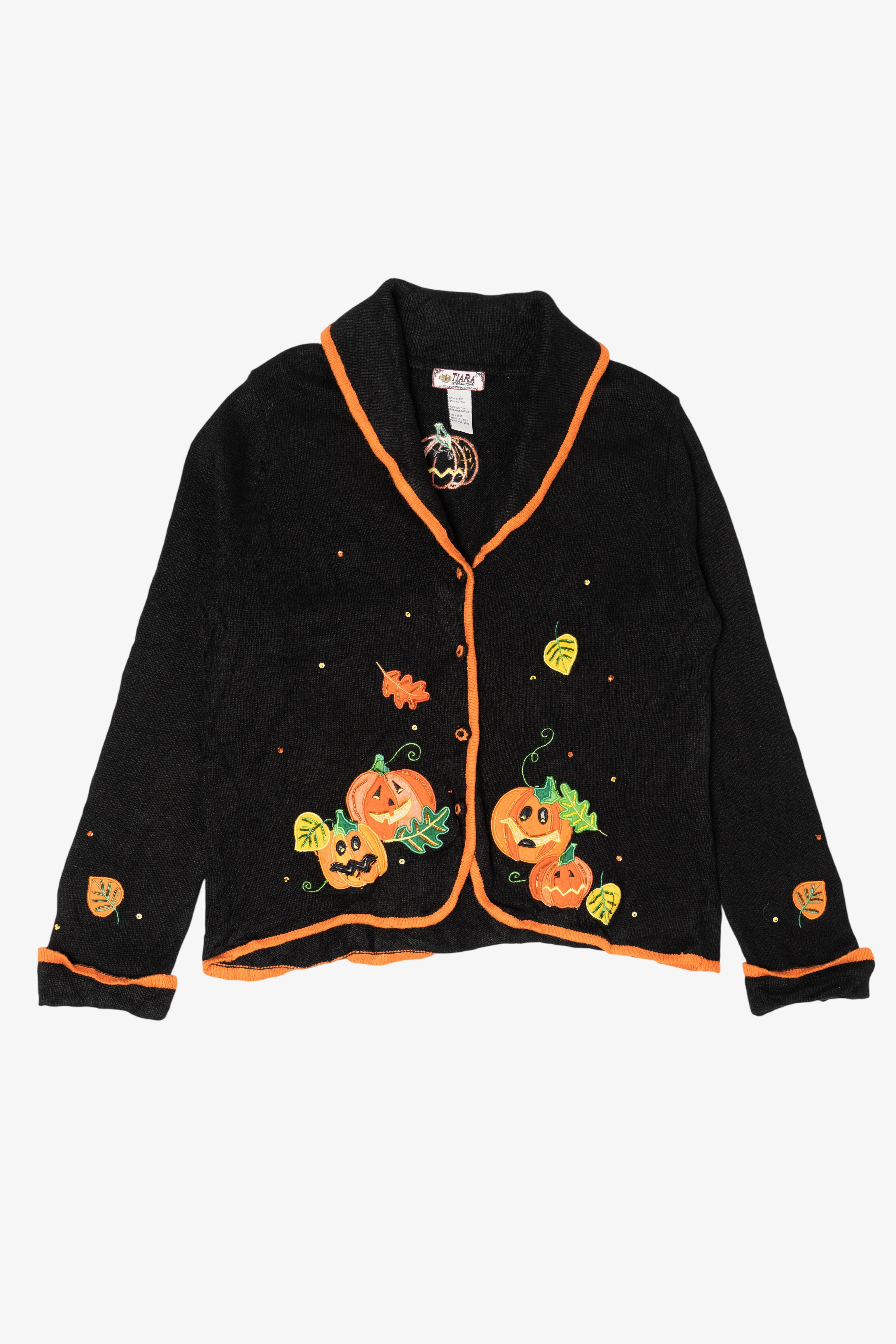 Vintage Black Tiara Pumpkin Patch Halloween Cardigan (1990s)