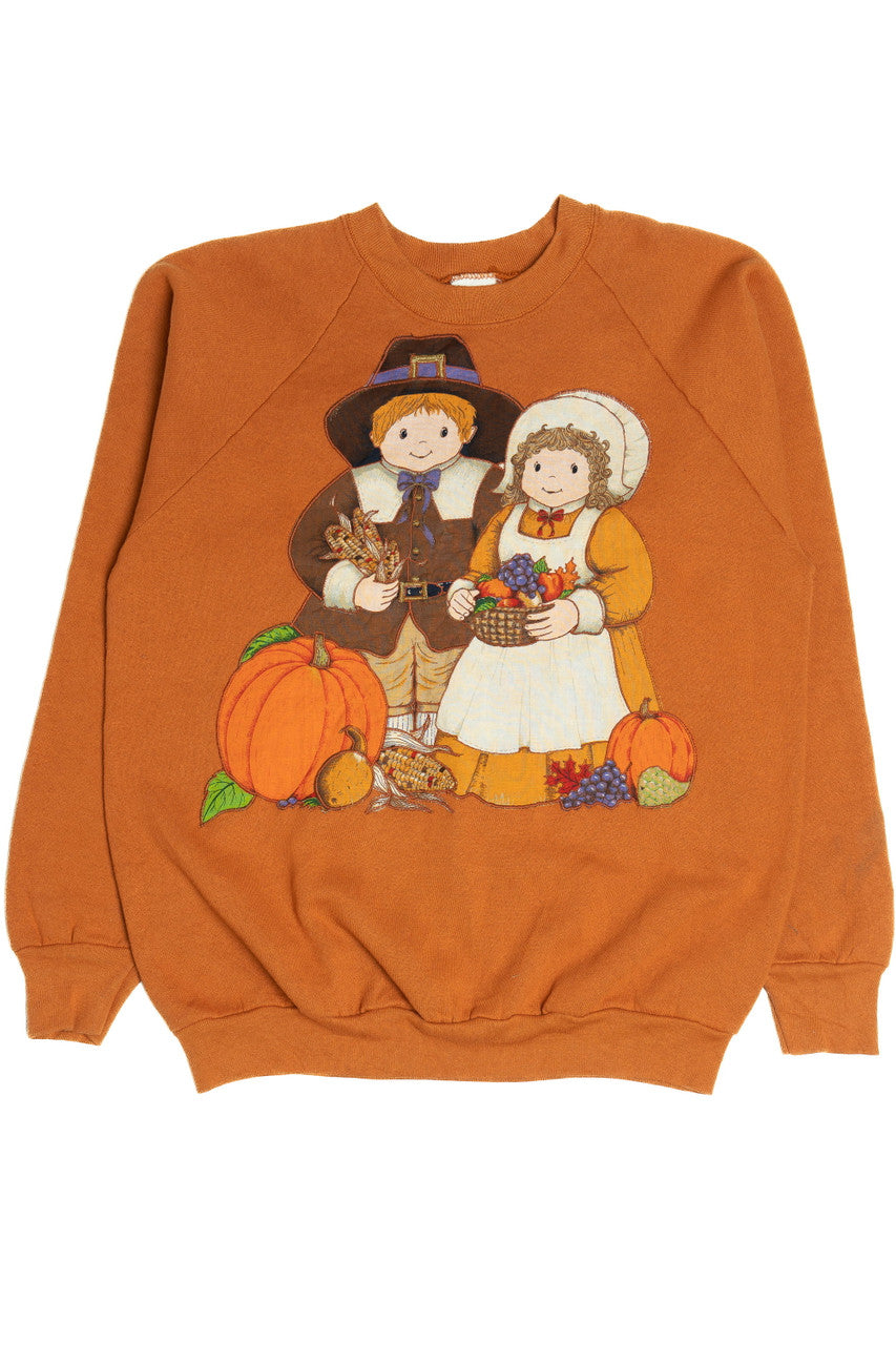 Vintage Pilgrim Harvest Embroidered Applique Halloween Sweater