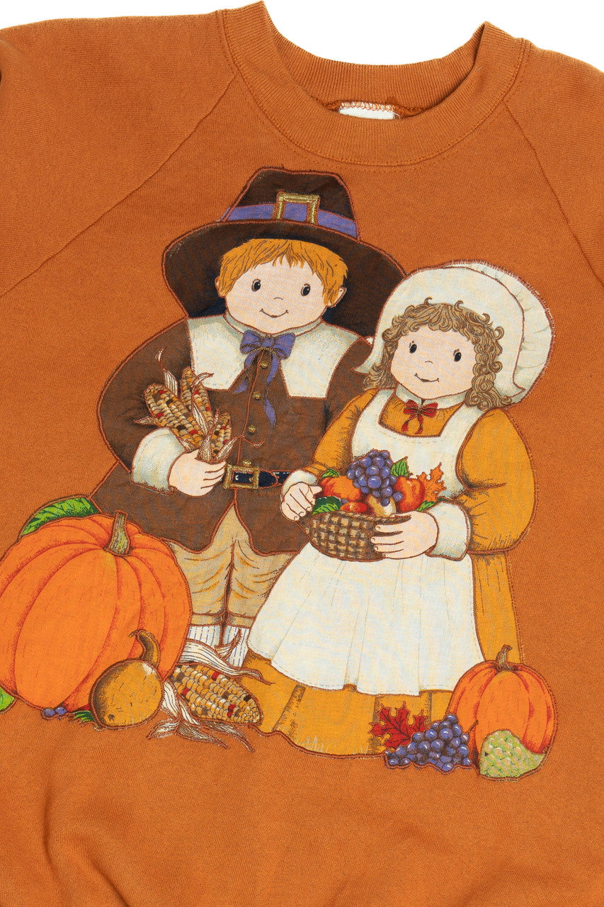 Vintage Pilgrim Harvest Embroidered Applique Halloween Sweater