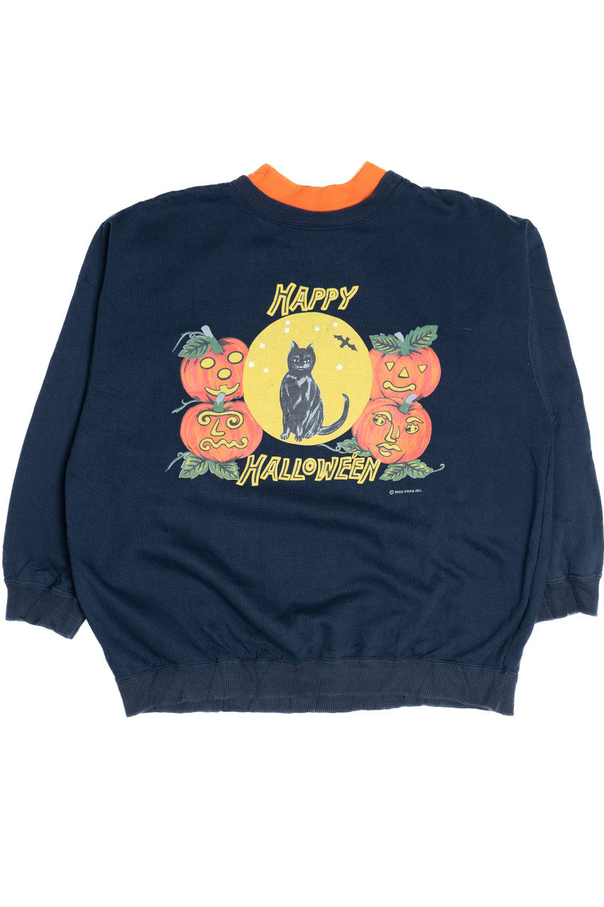 Vintage "Happy Halloween" Black Cat With Jack-O-'Lanterns Halloween Sweater