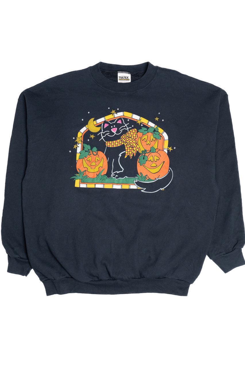 Vintage Happy Cat Illustration With Pumpkins Halloween Sweater