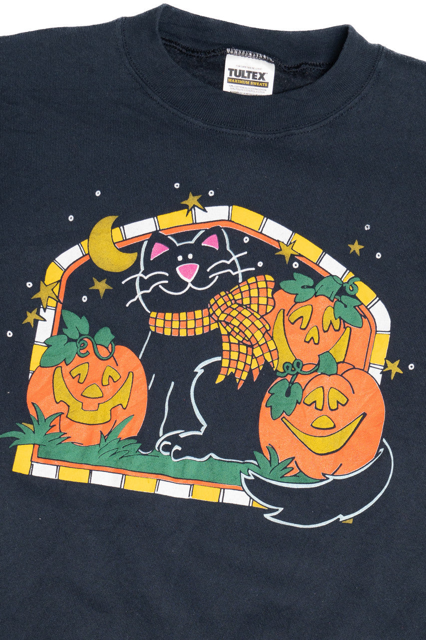 Vintage Happy Cat Illustration With Pumpkins Halloween Sweater
