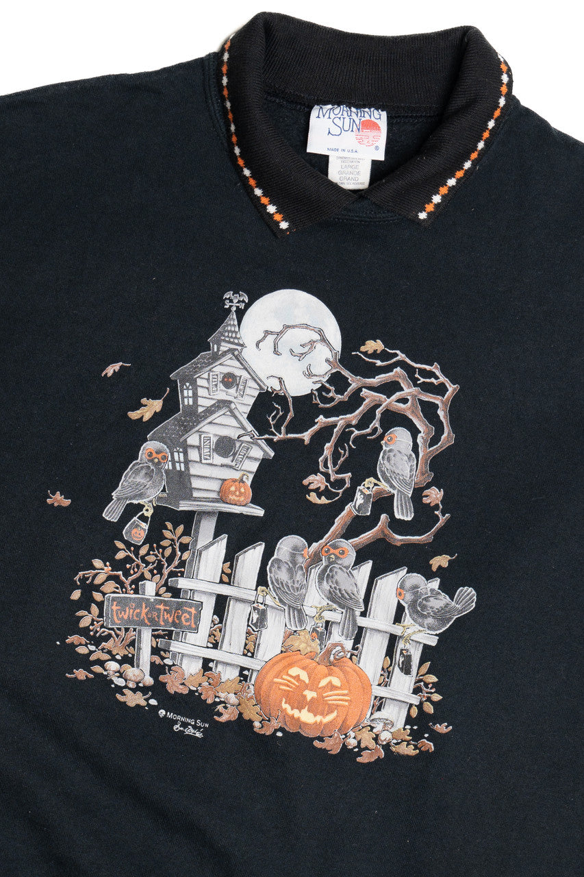 Vintage "Twick Or Tweet" Haunted Bird House With Owls Halloween Sweater