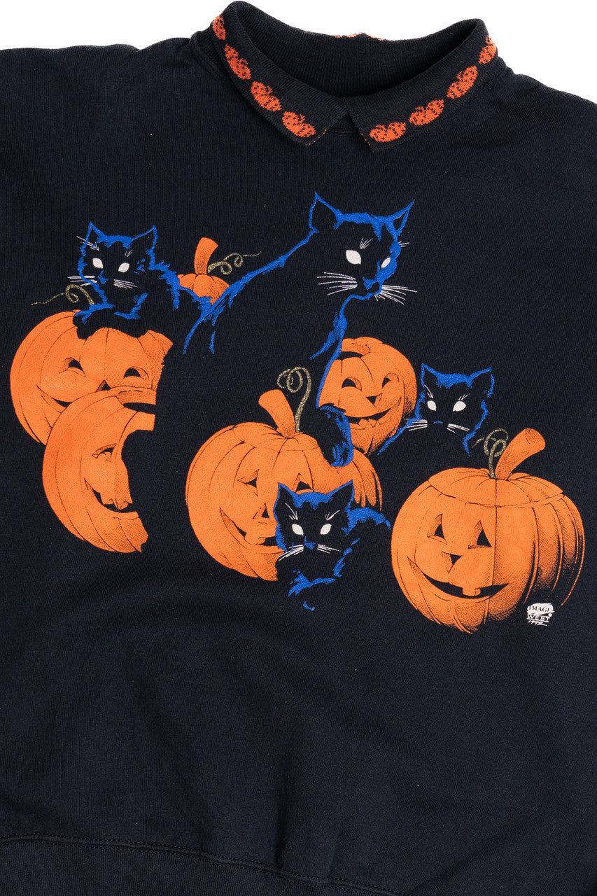 Vintage Black Cats & Jack-O-Lantern Carved Pumpkins Halloween Sweater