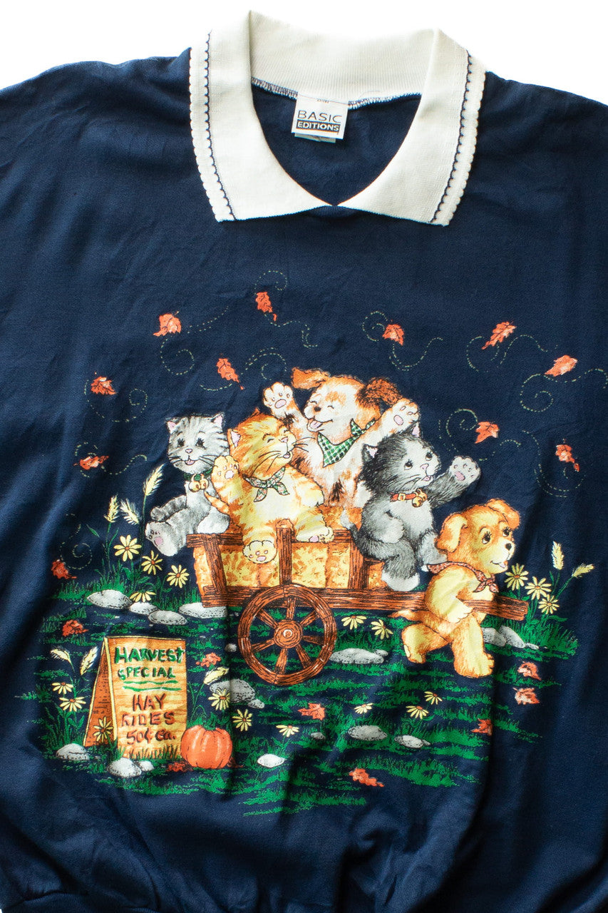 Vintage Puppies & Kittens Hay Ride Halloween Sweatshirt (1990s)