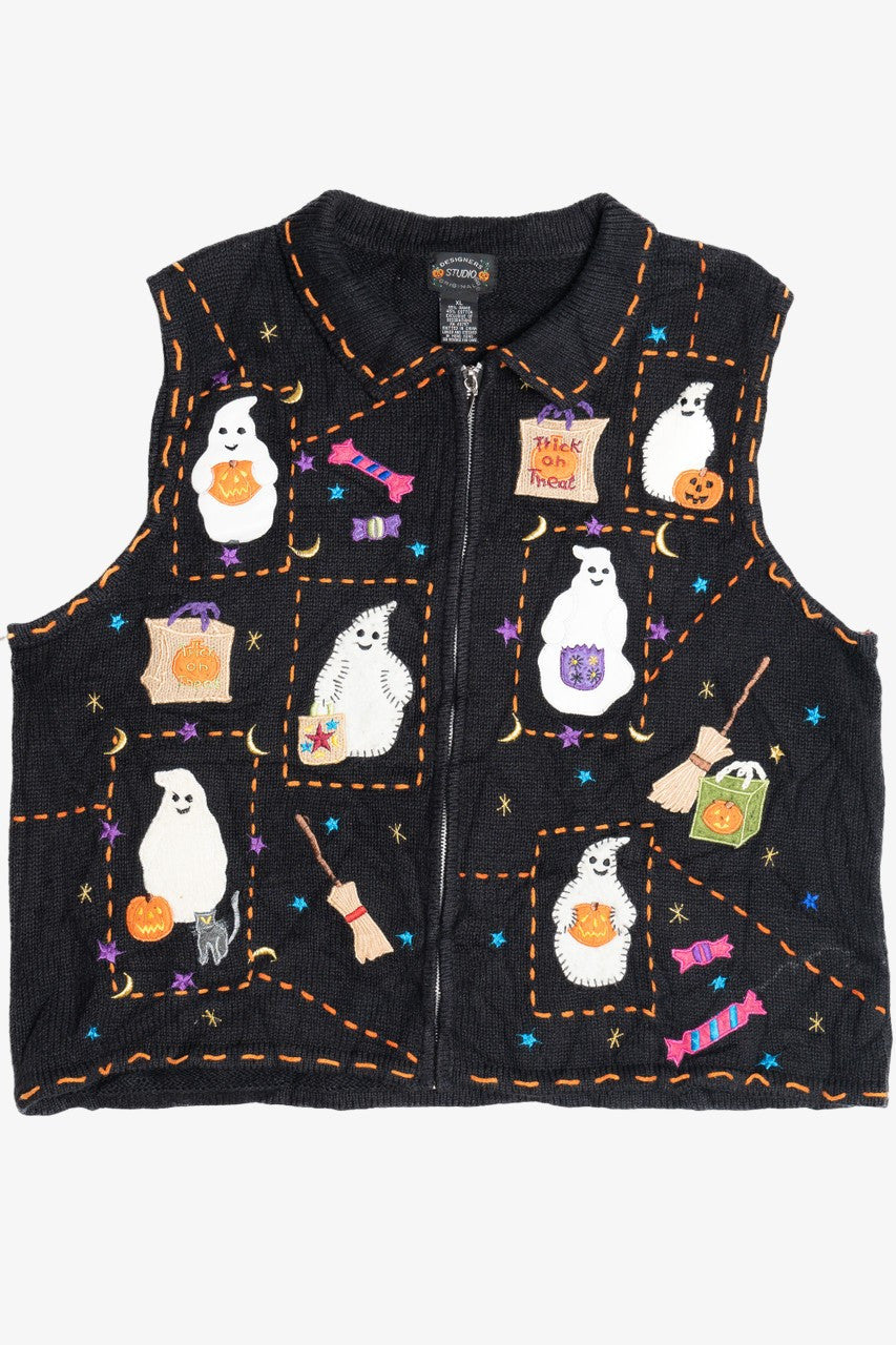 Vintage "Trick Or Treat" Ghost Contrast Stitch Halloween Sweater Vest