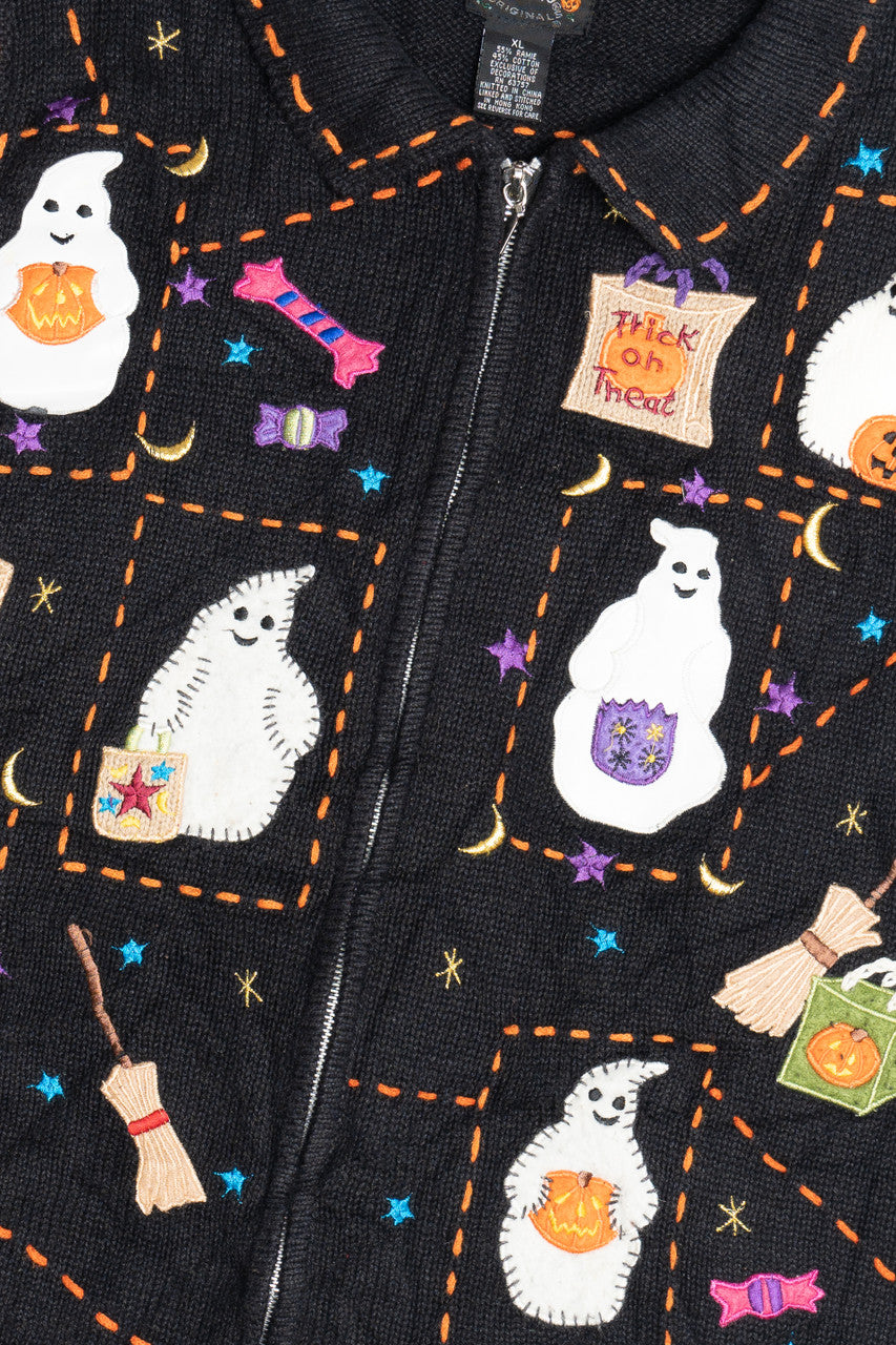 Vintage "Trick Or Treat" Ghost Contrast Stitch Halloween Sweater Vest