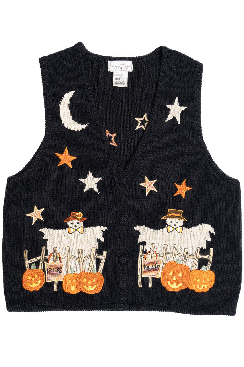 Vintage "Tricks" "Treats" Scarecrows Halloween Sweater Vest