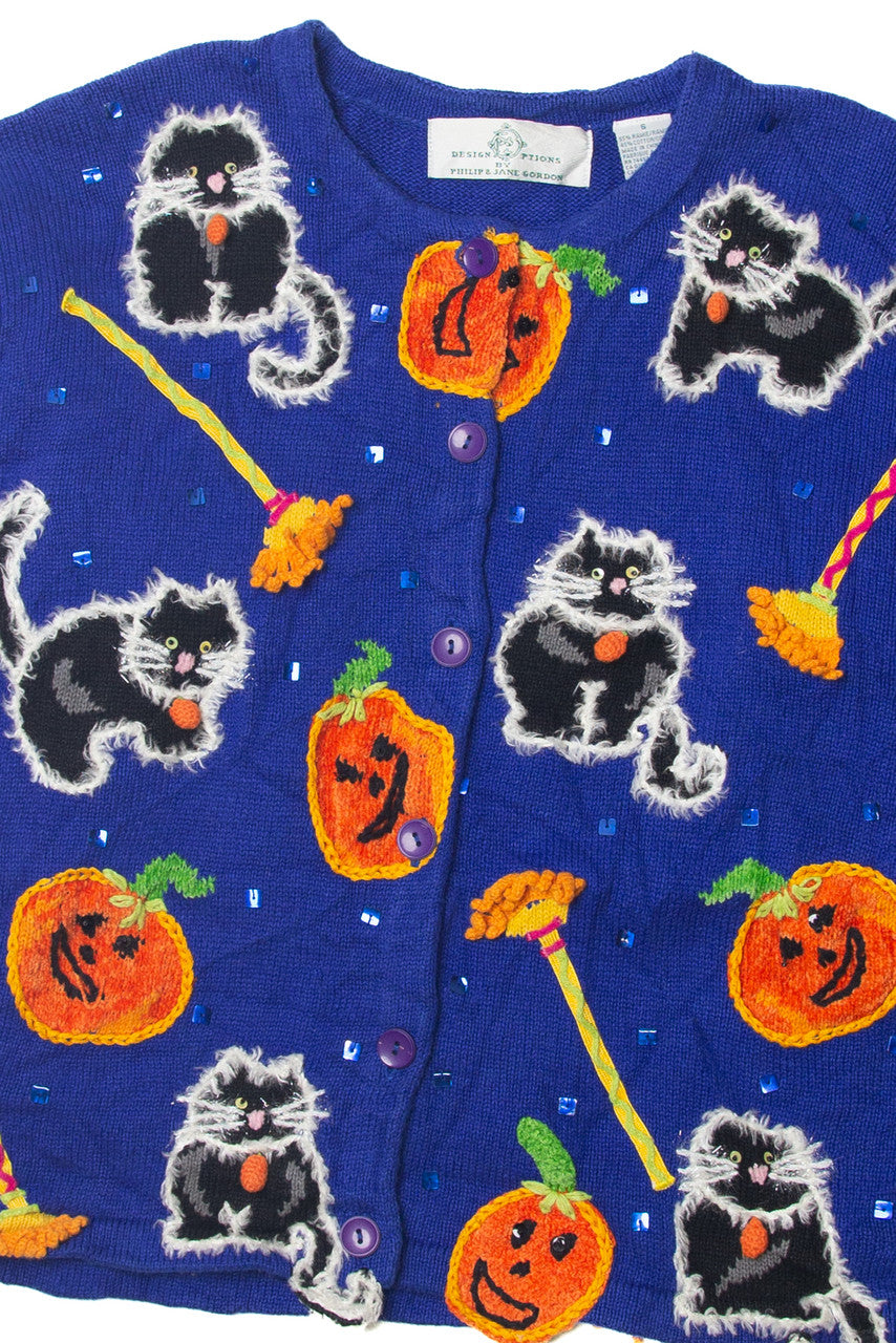 Vintage Black Cat And Pumpkin Halloween Sweater