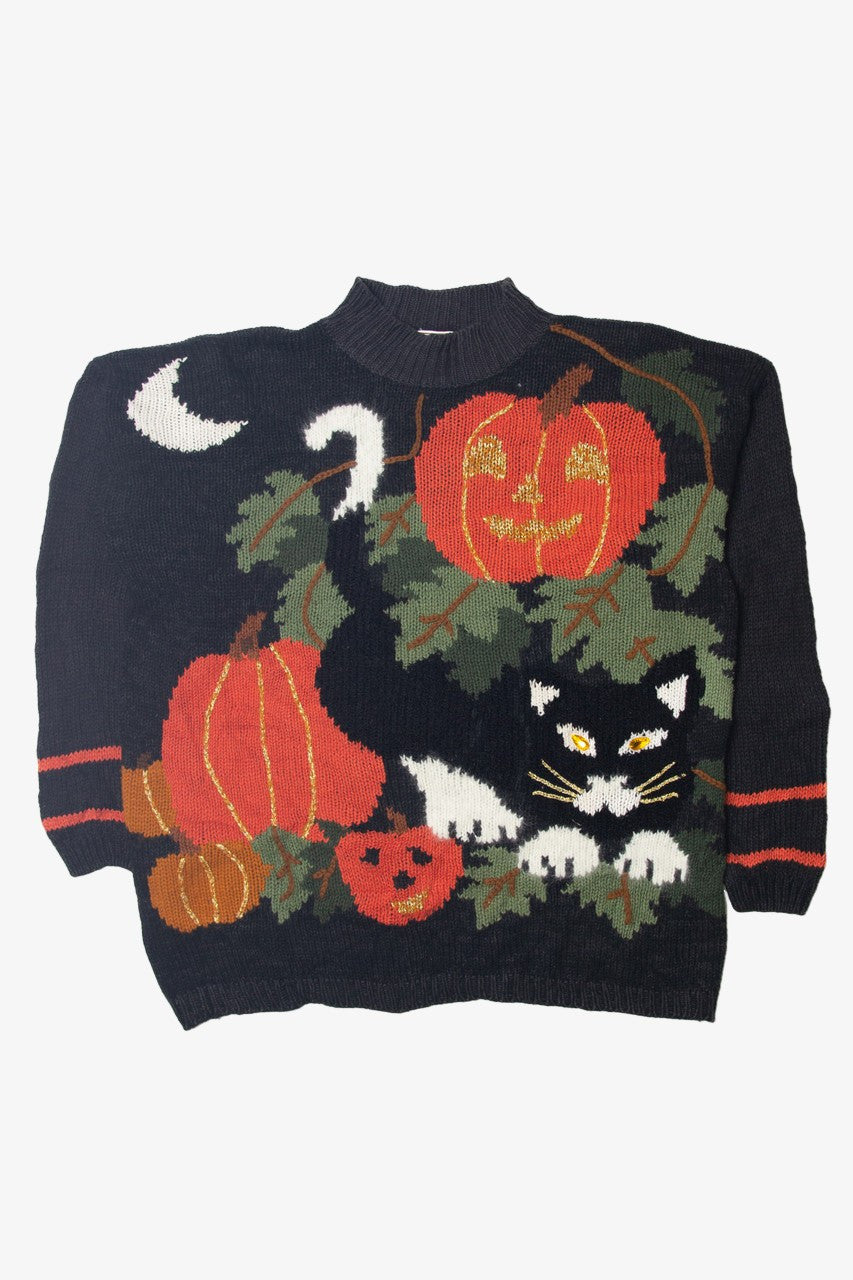 Vintage Black Cat With Pumpkins Halloween Sweater