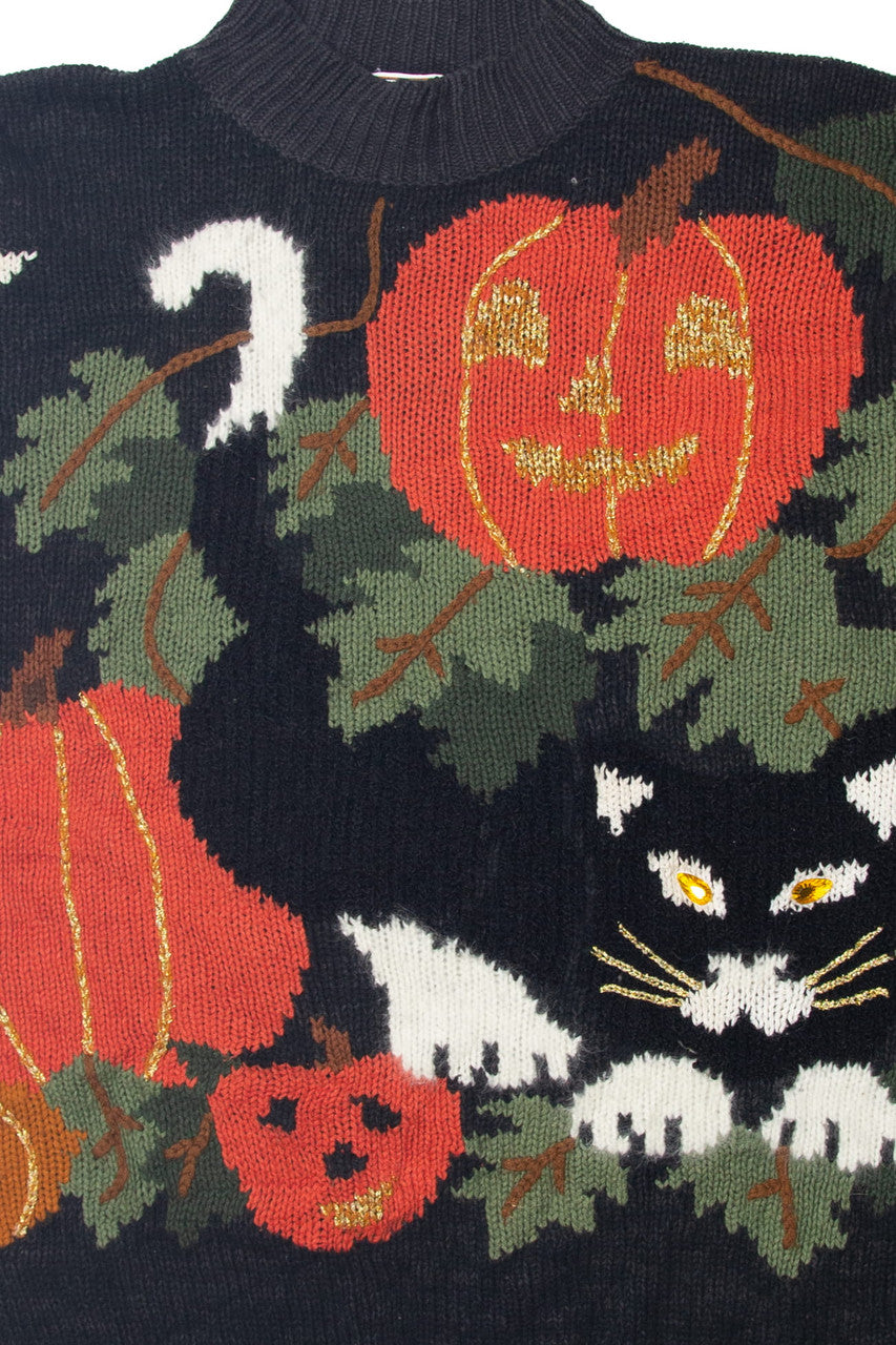 Vintage Black Cat With Pumpkins Halloween Sweater