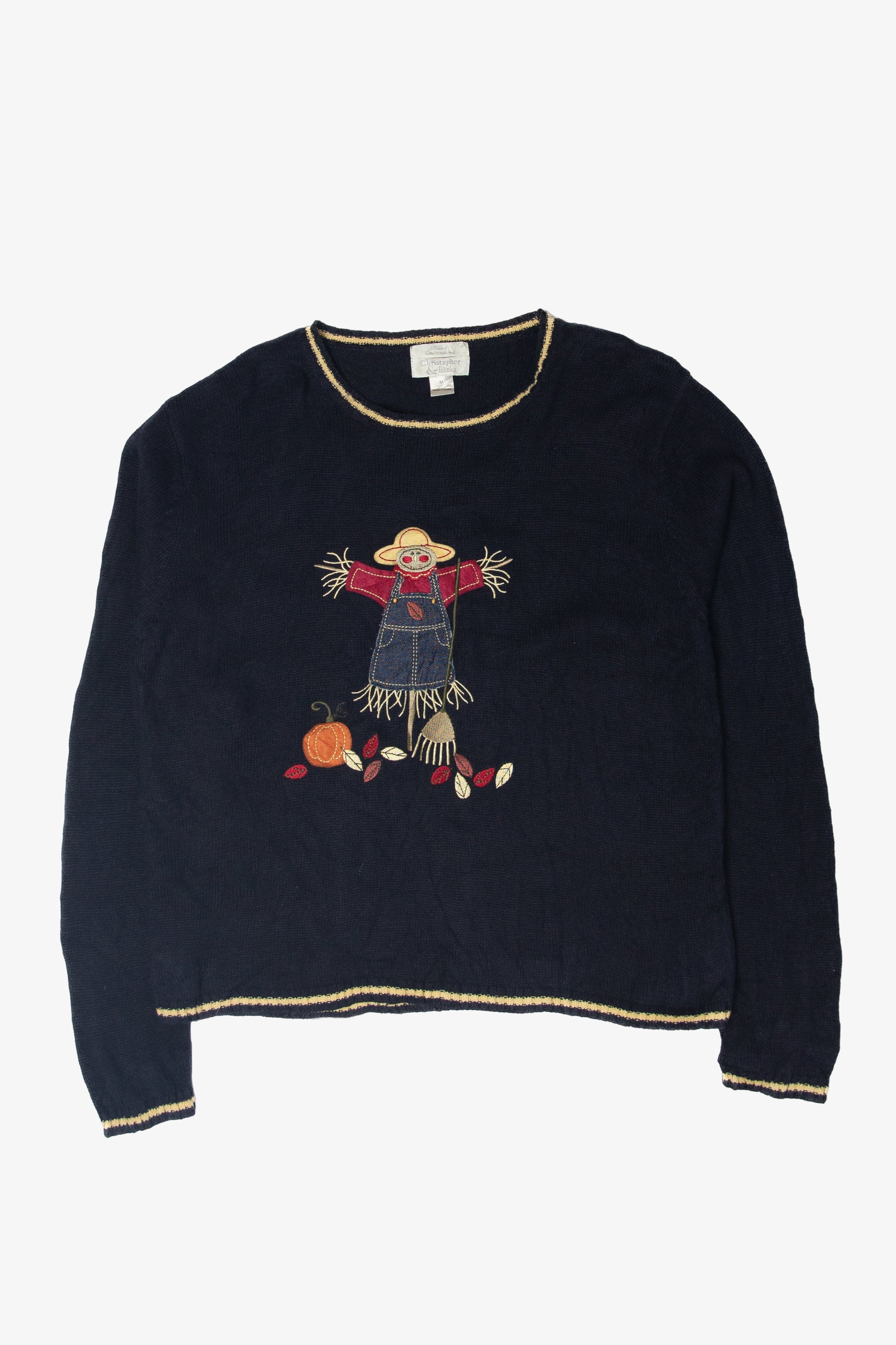 Vintage Scarecrow Front/Back Hand Embroidered Harvest Sweater (1990s)