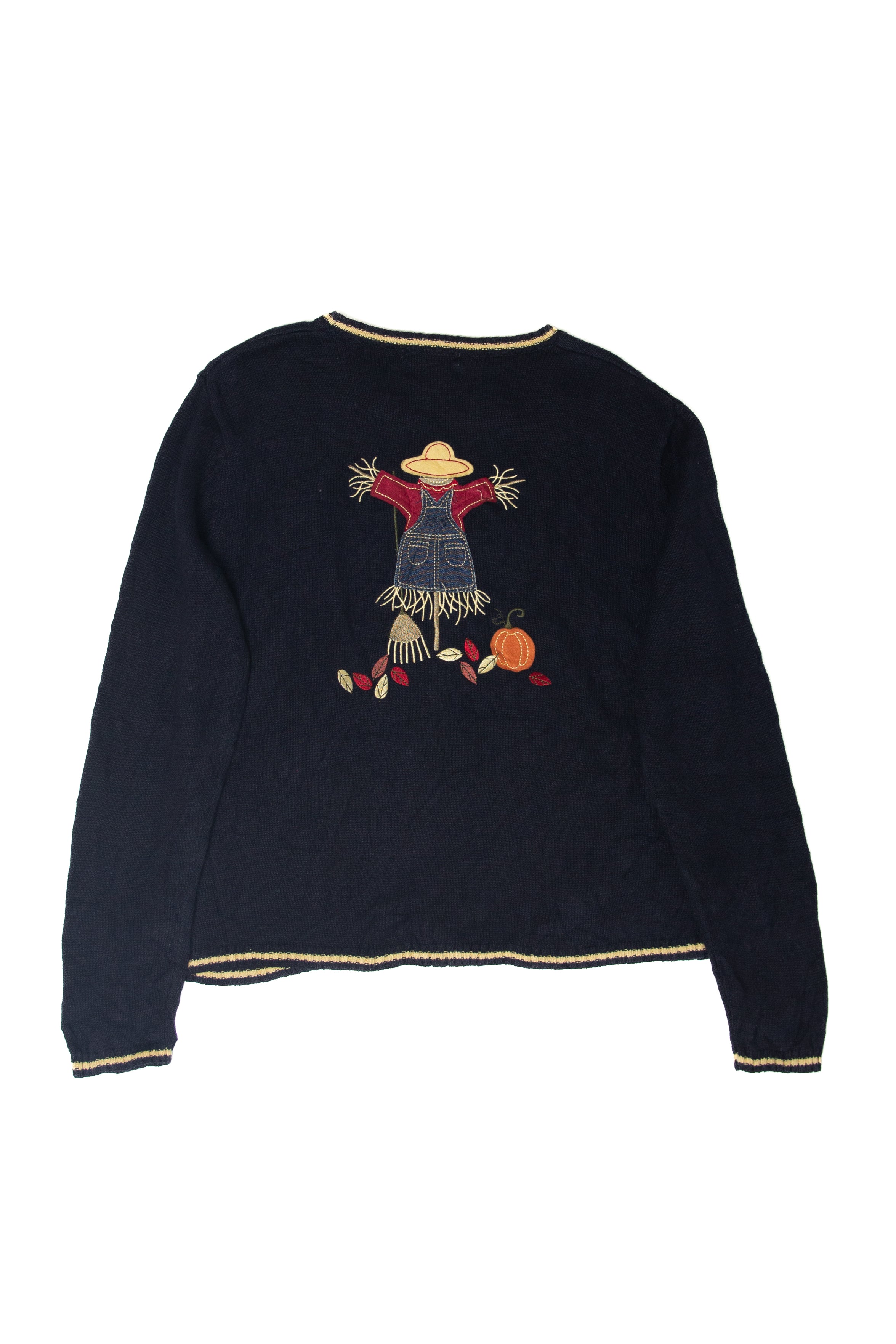 Vintage Scarecrow Front/Back Hand Embroidered Harvest Sweater (1990s)