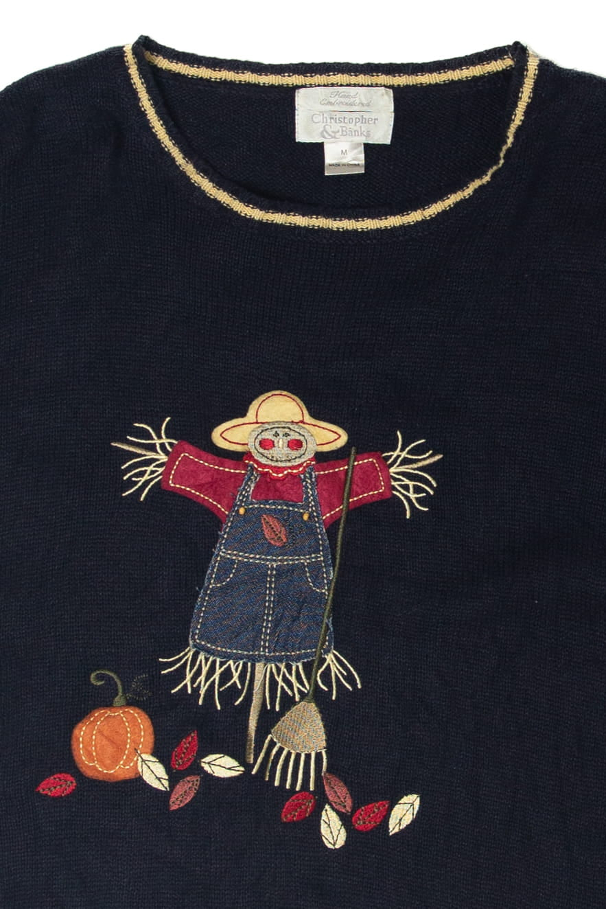 Vintage Scarecrow Front/Back Hand Embroidered Harvest Sweater (1990s)