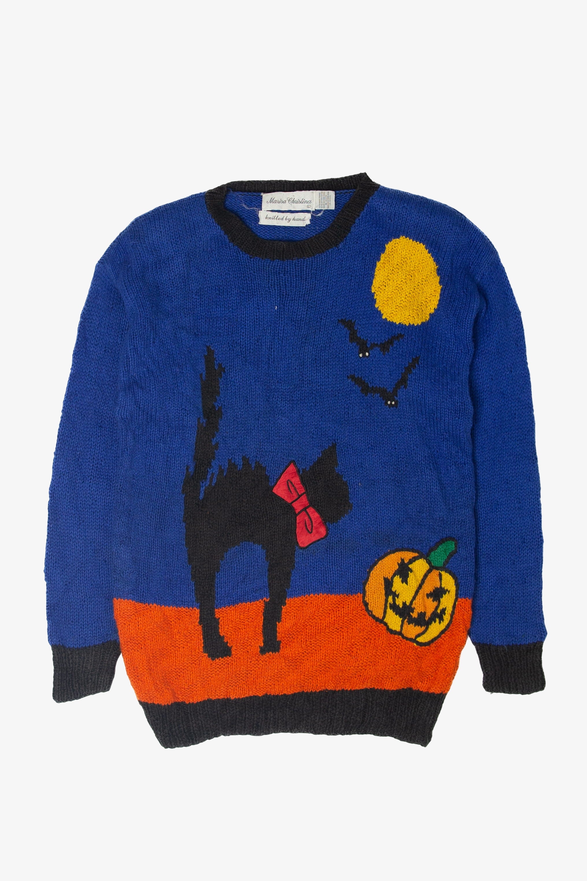 Vintage Hand Knit Black Cat Halloween Sweater (1990s)