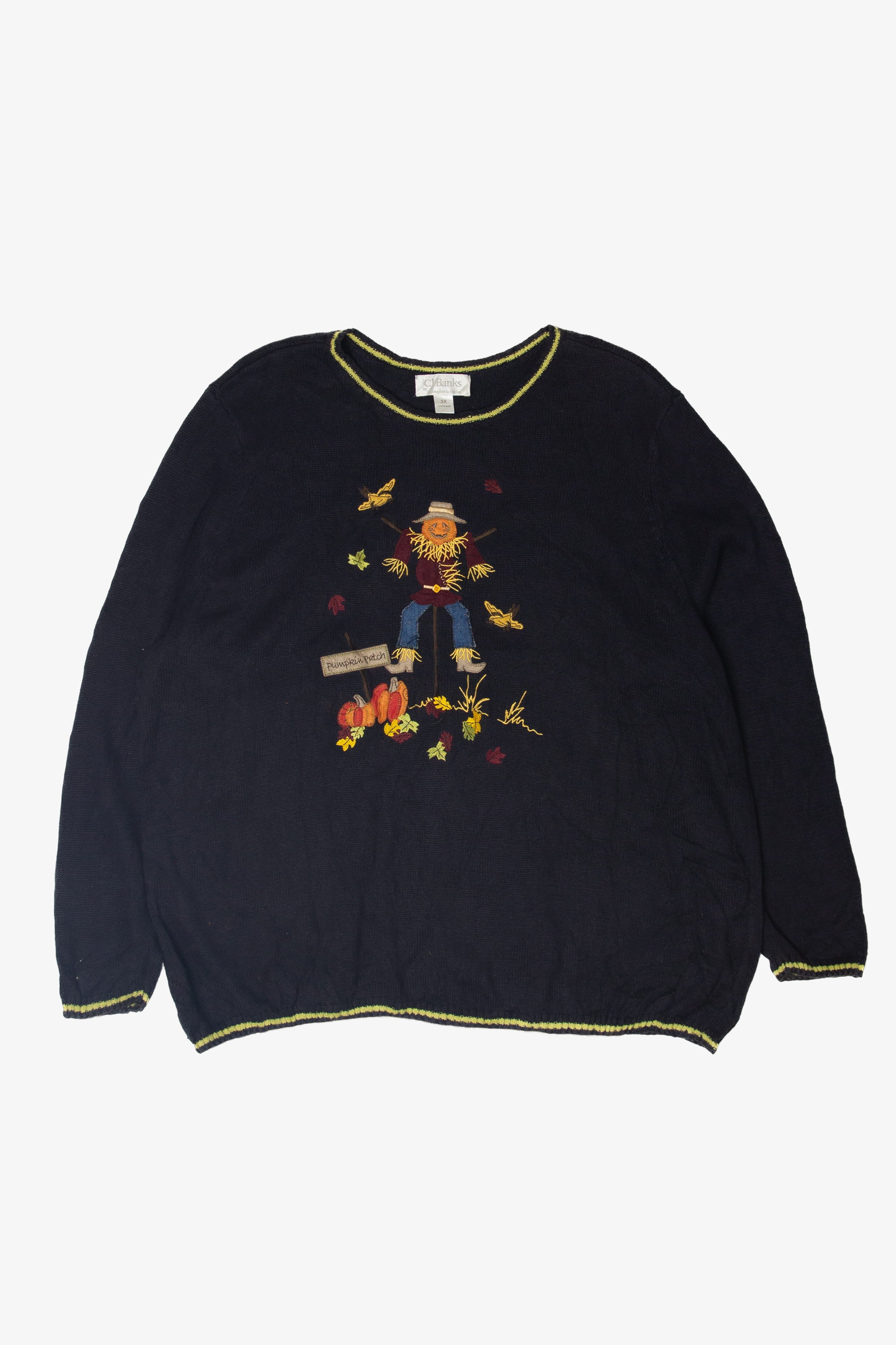 Vintage Pumpkin Patch Scarecrow Front/Back Autumn Harvest Sweater (1990s)