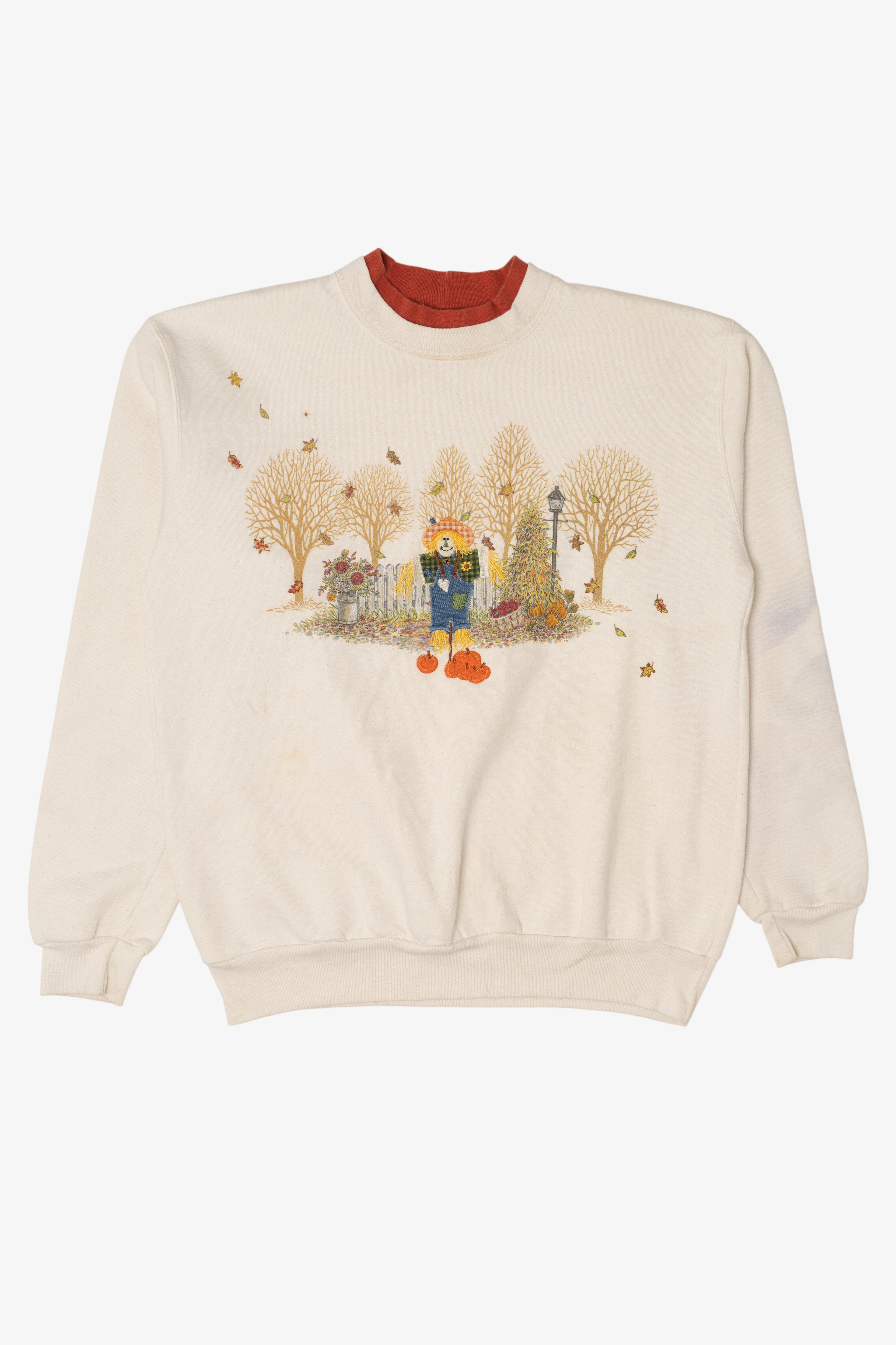 Vintage Embroidered Scarecrow Autumn Harvest Sweatshirt (1990s)