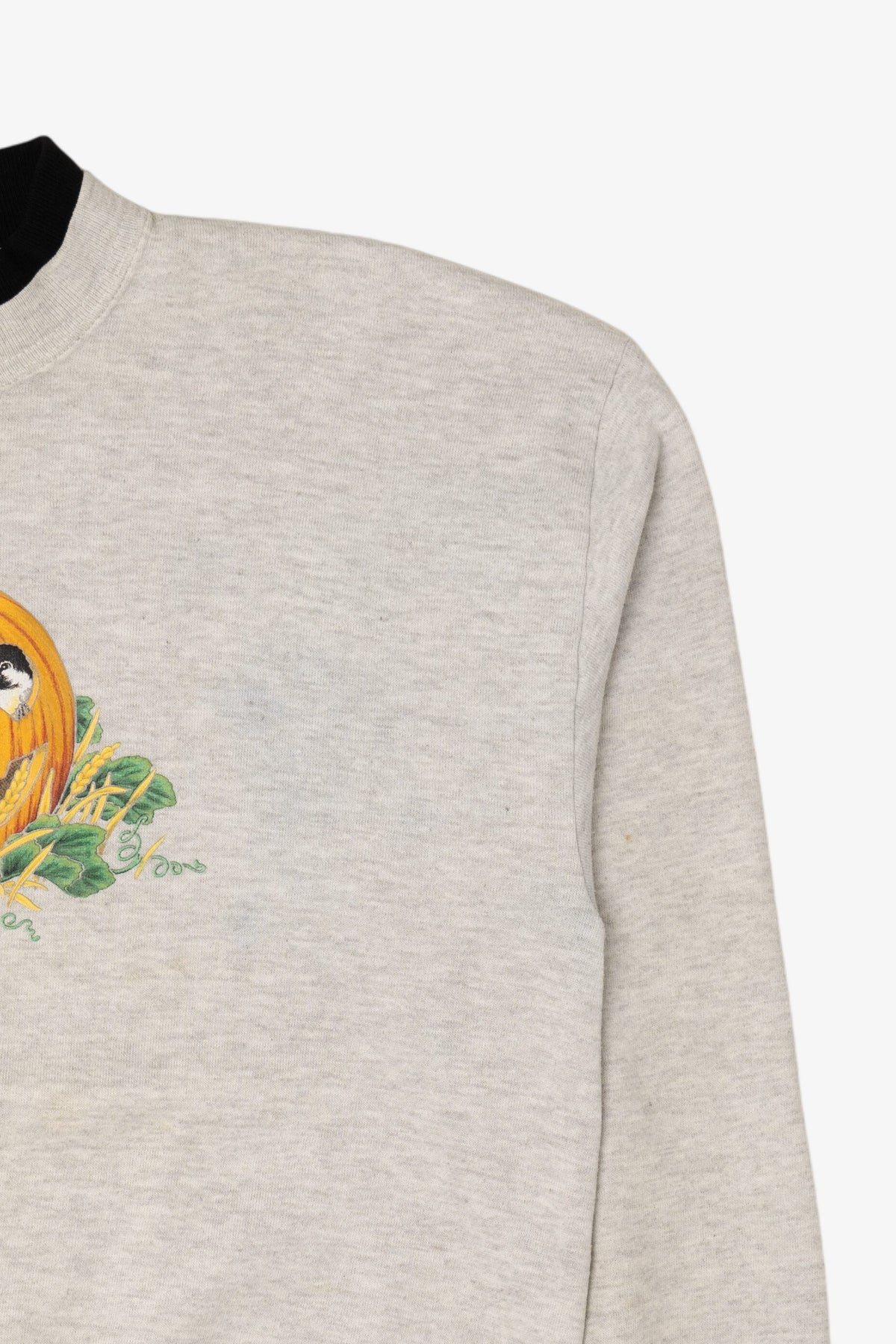Vintage Light Gray Kitten Birds And Pumpkin Halloween Sweatshirt (1990s)