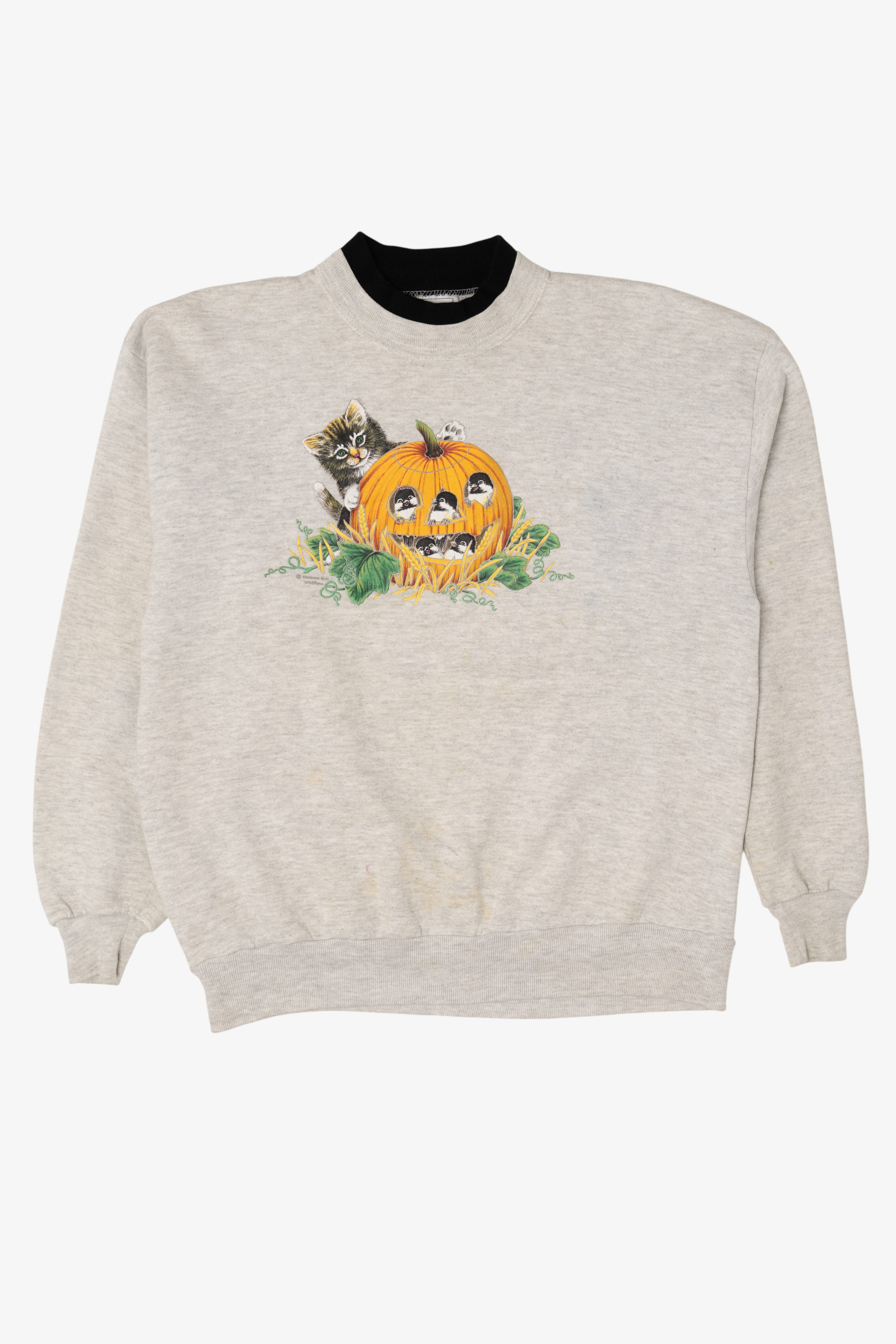 Vintage Light Gray Kitten Birds And Pumpkin Halloween Sweatshirt (1990s)