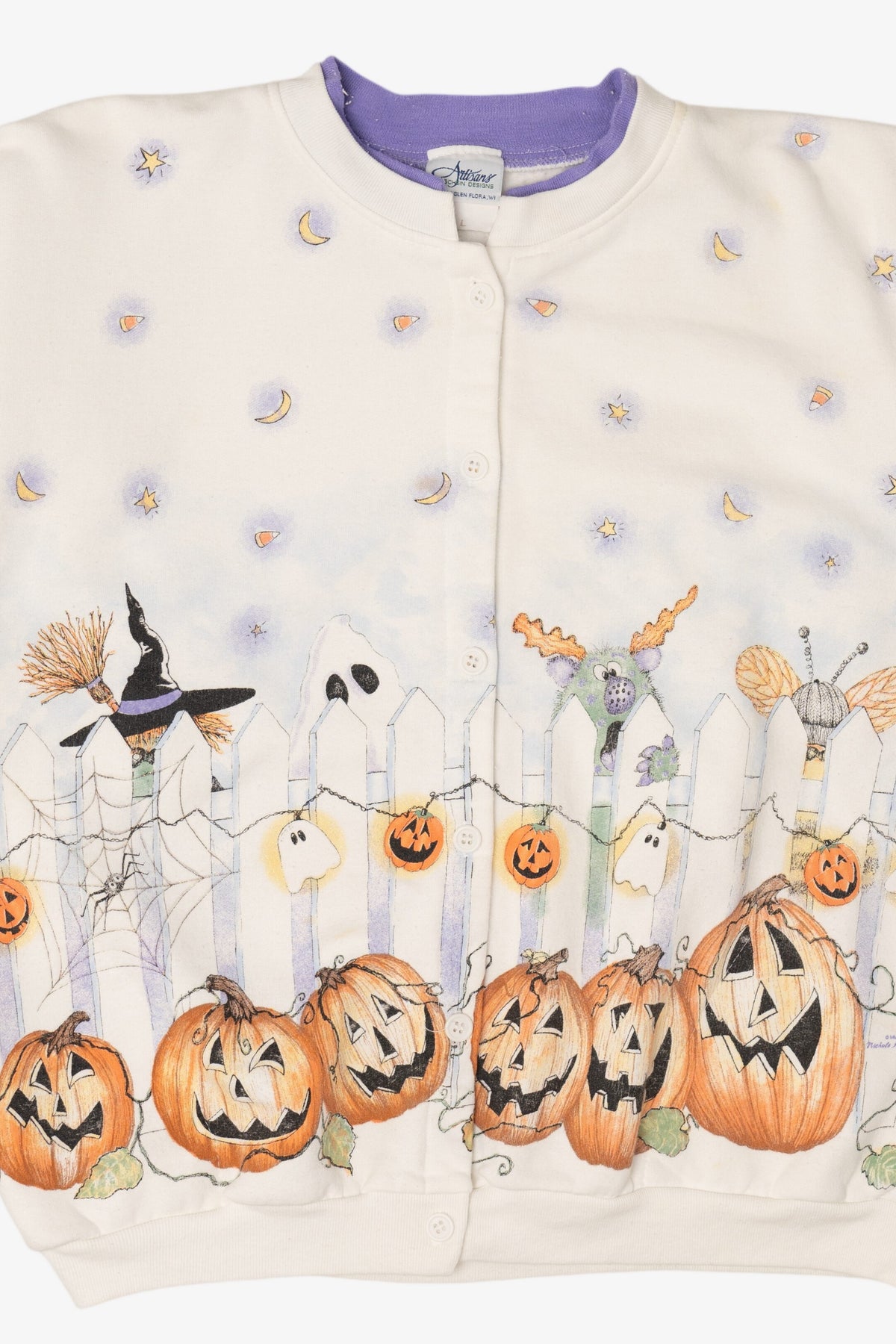 Vintage Jack O Lanterns Artisans All Over Halloween Print Cardigan (1990s)