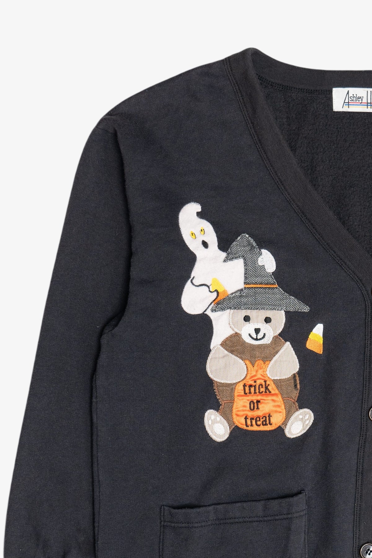 Vintage "Trick Or Treat" Halloween Embroidered Cardigan Sweatshirt (1980s)