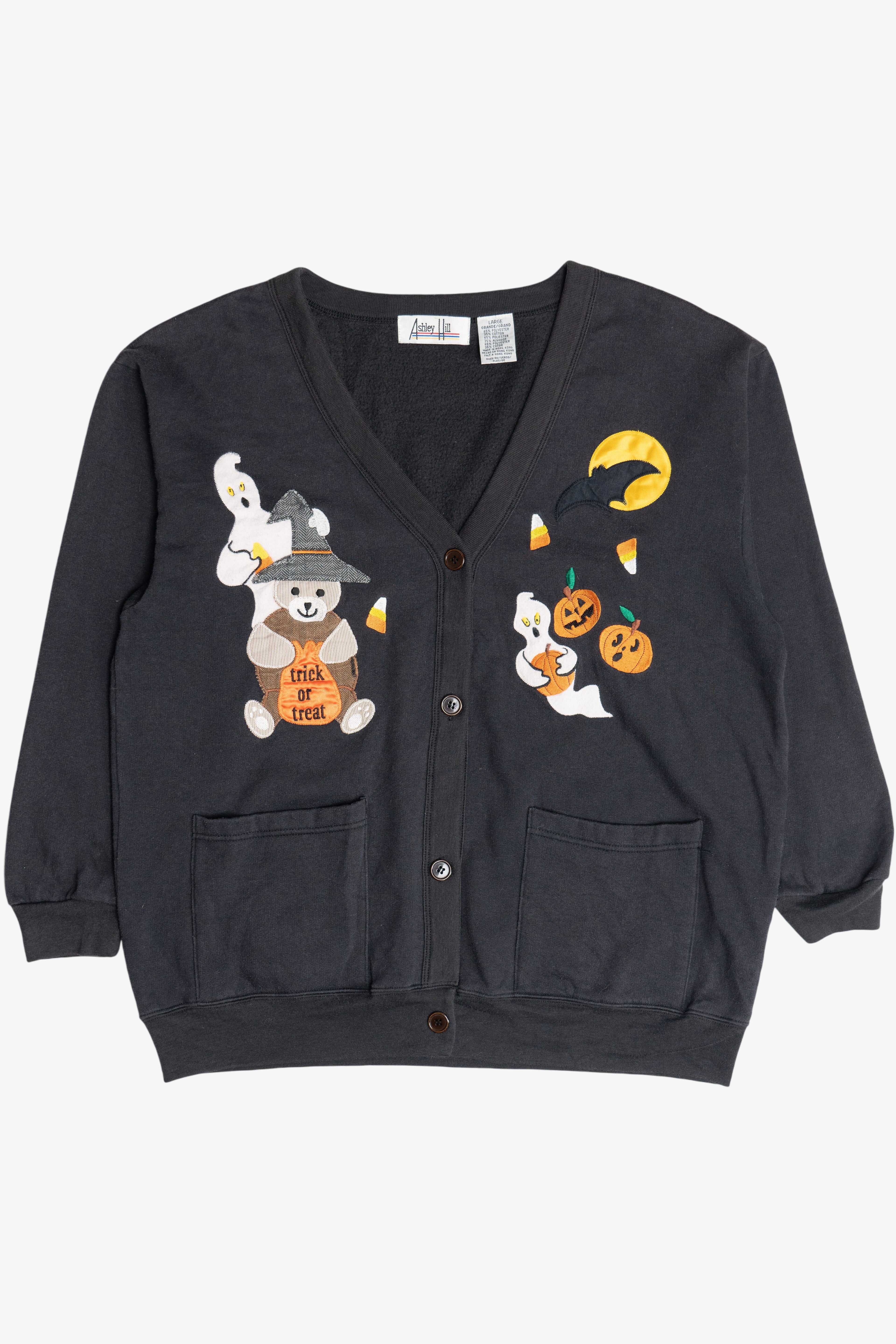 Vintage "Trick Or Treat" Halloween Embroidered Cardigan Sweatshirt (1980s)