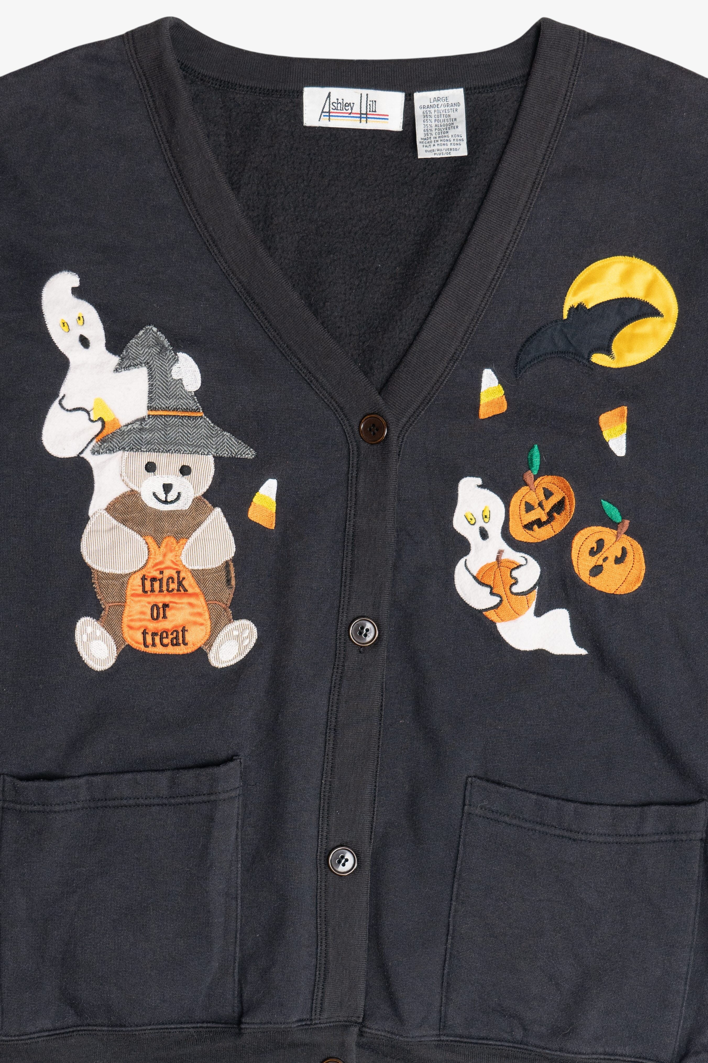 Vintage "Trick Or Treat" Halloween Embroidered Cardigan Sweatshirt (1980s)