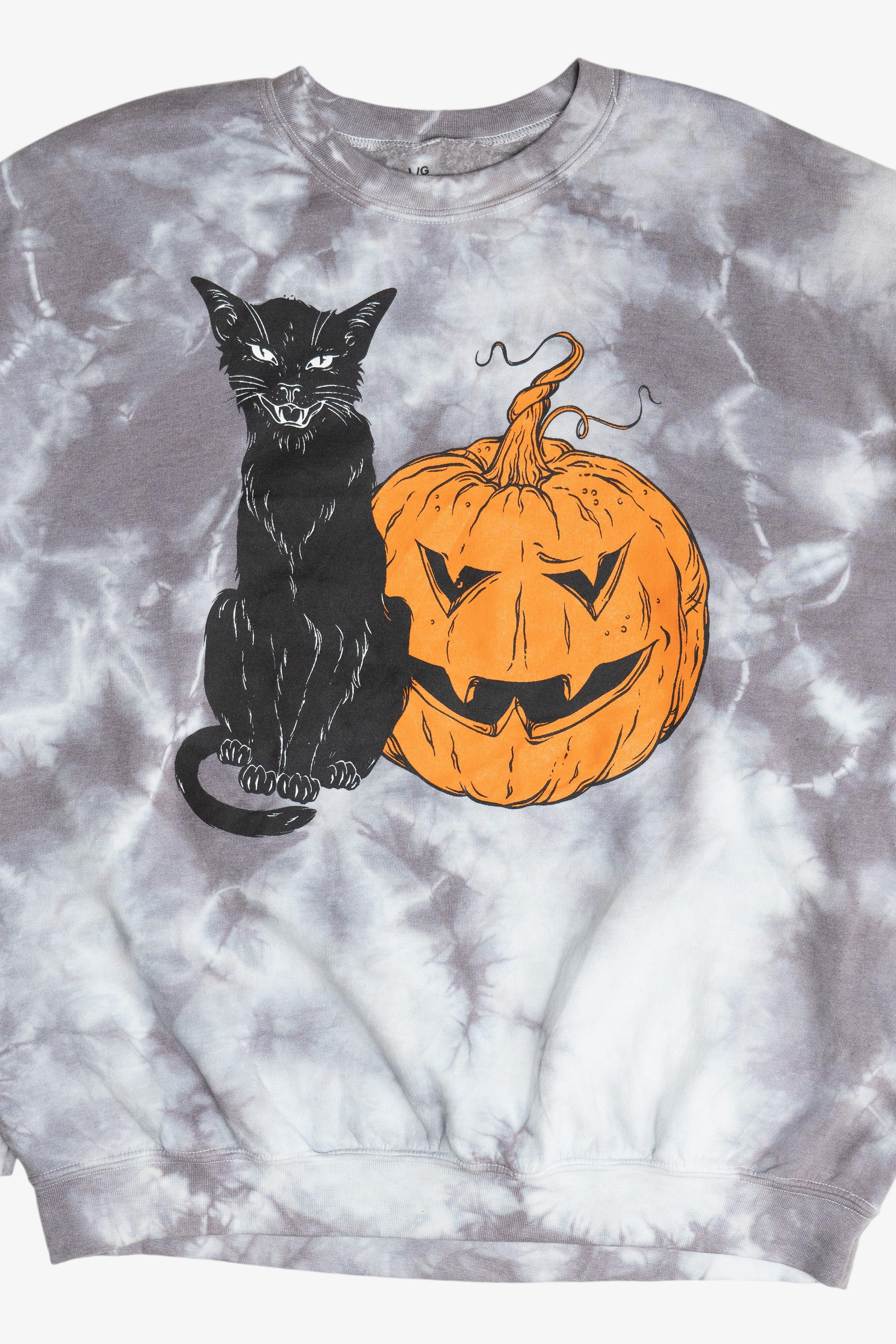 Black Cat & Halloween Pumpkin Gray Tie Dye Sweatshirt(2010s)