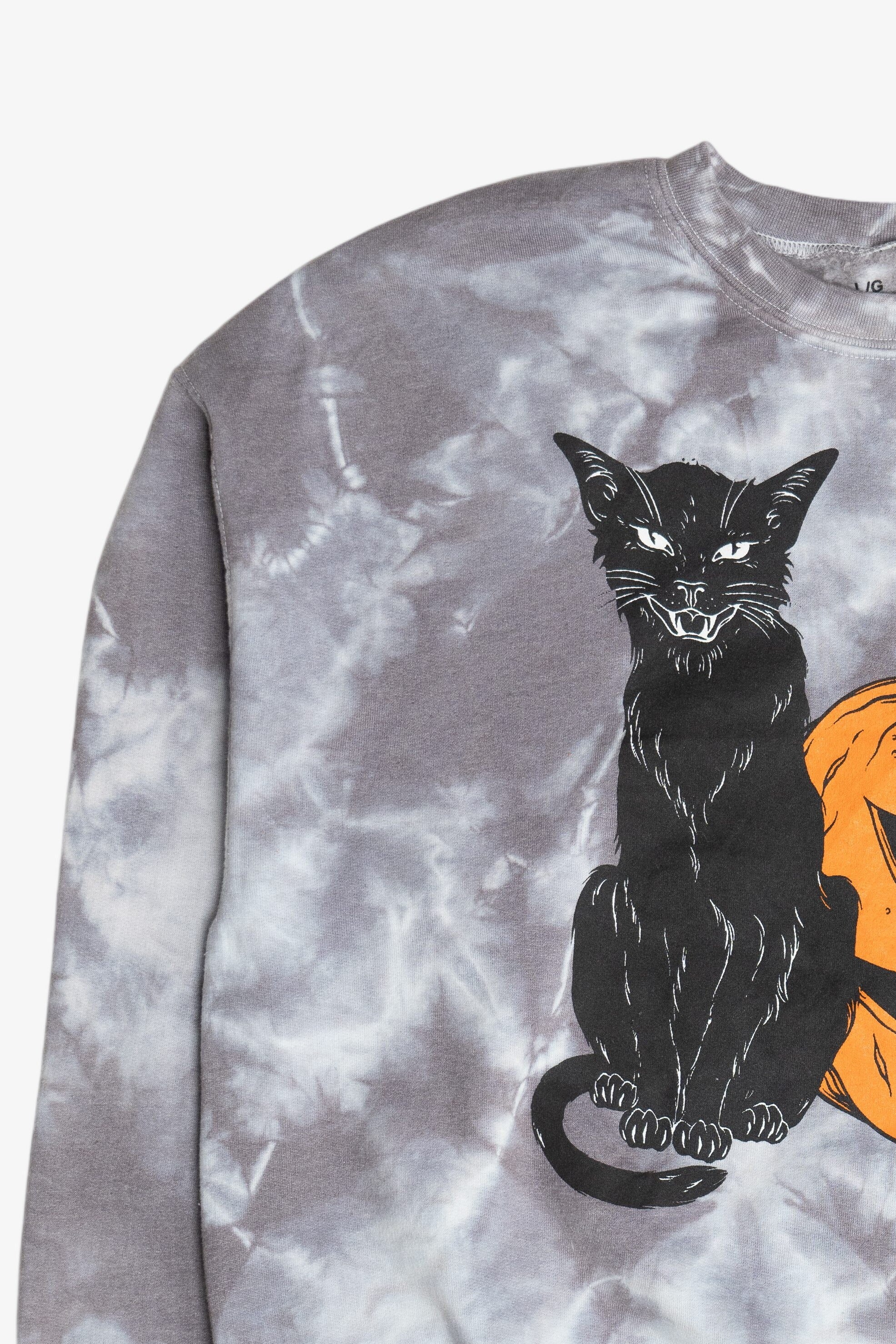 Black Cat & Halloween Pumpkin Gray Tie Dye Sweatshirt(2010s)